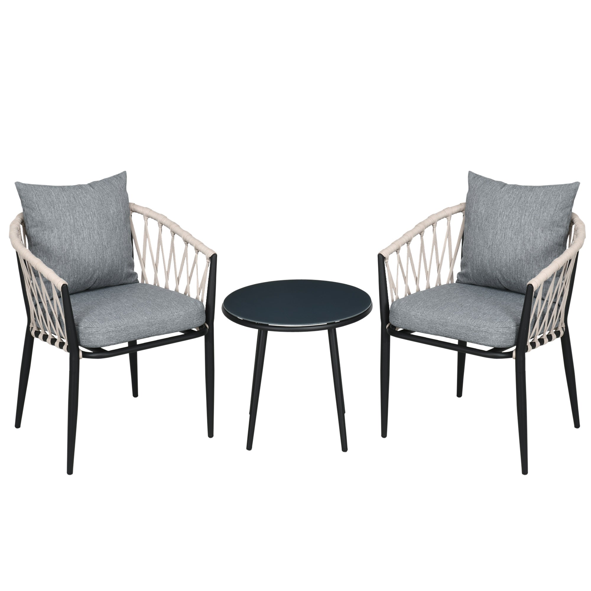 Outsunny Conjunto de Muebles de Jardín 3 Piezas Juego de Muebles de Terraza Incluye Mesa con Encimera de Vidrio Templado y 2 Sillones con Cojines Reposabrazos de Cuerda Polipropileno Gris