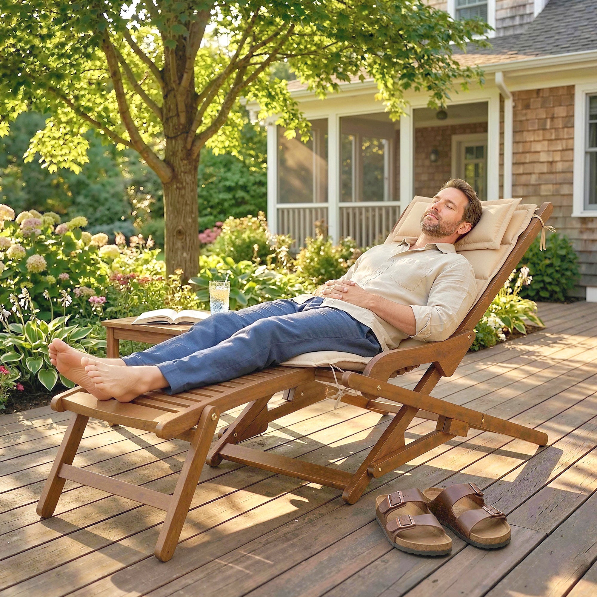 Outsunny Tumbona Silla Plegable de Madera de Acacia, Silla de Jardín Exterior con Reposapiés Desmontable y Cojín con Reposacabezas, Carga 160 kg, para Terraza, Patio, Playa, 158x61x70 cm, Beige