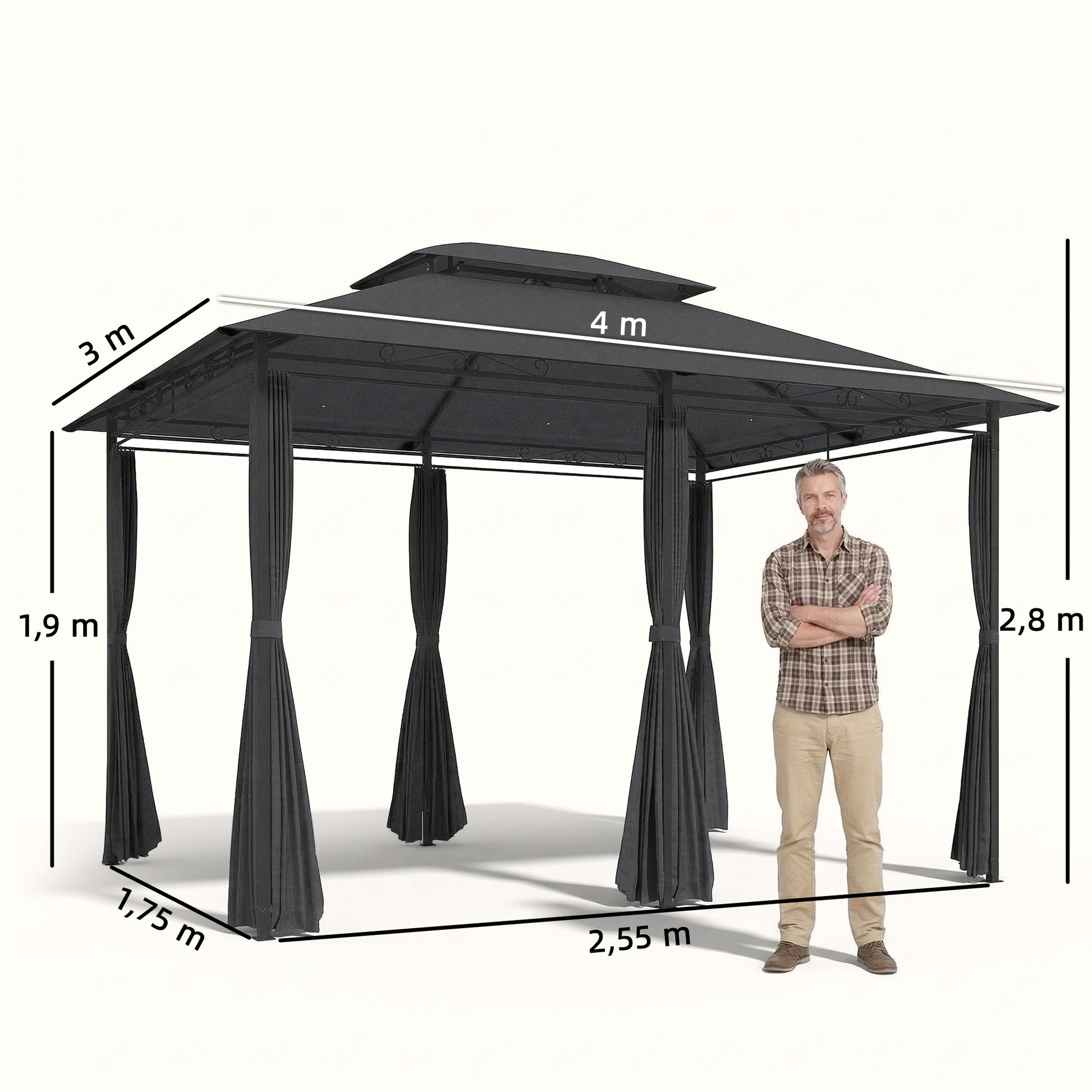 Outsunny Cenador para Jardín 3x4 m, Pabellón de Jardín, Gazebo con Doble Techo, 6 Paredes Laterales, Estructura Metálica, Drenaje, Carpa para Exterior, Terraza, Patio, Gris