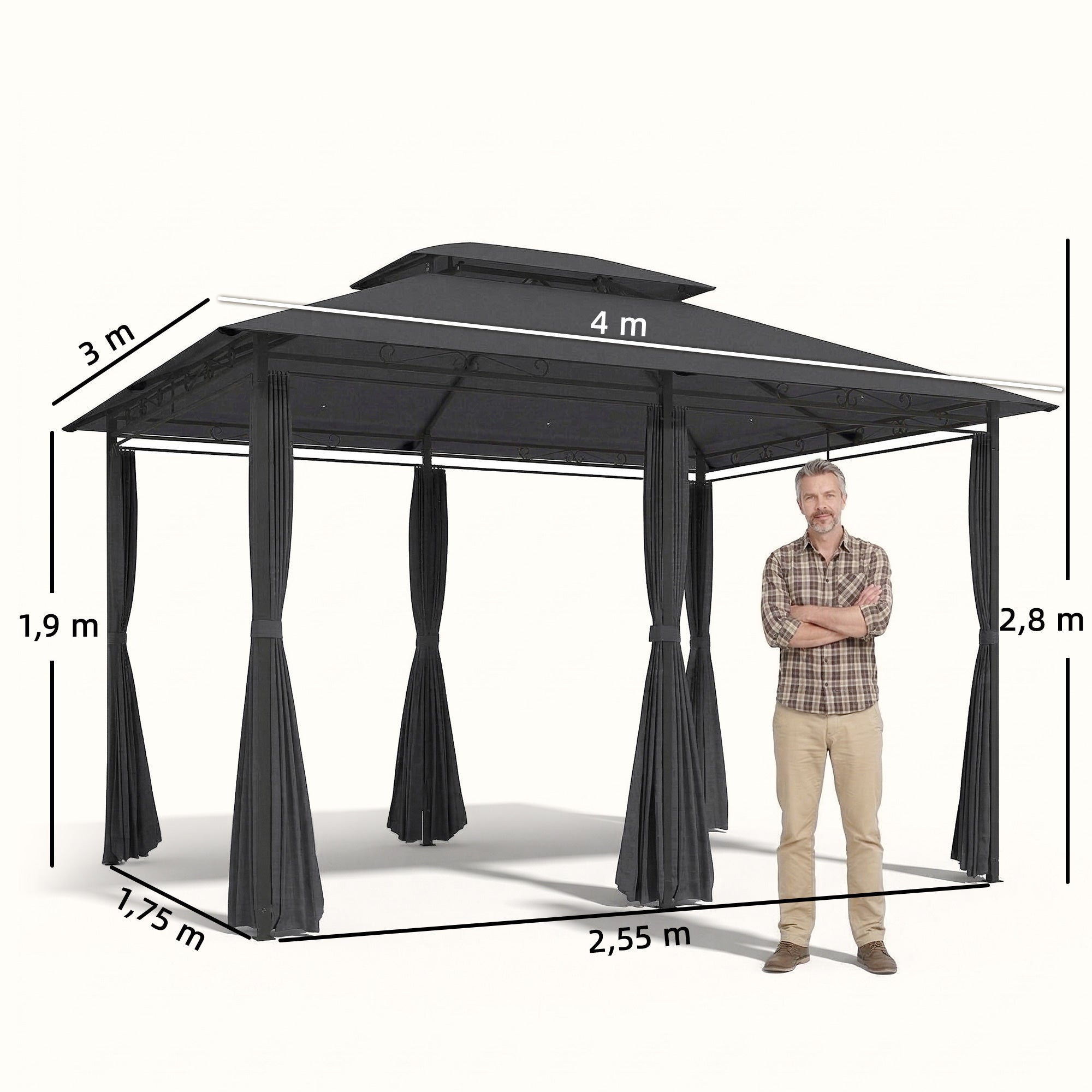 Outsunny Cenador para Jardín 3x4 m, Pabellón de Jardín, Gazebo con Doble Techo, 6 Paredes Laterales, Estructura Metálica, Drenaje, Carpa para Exterior, Terraza, Patio, Gris