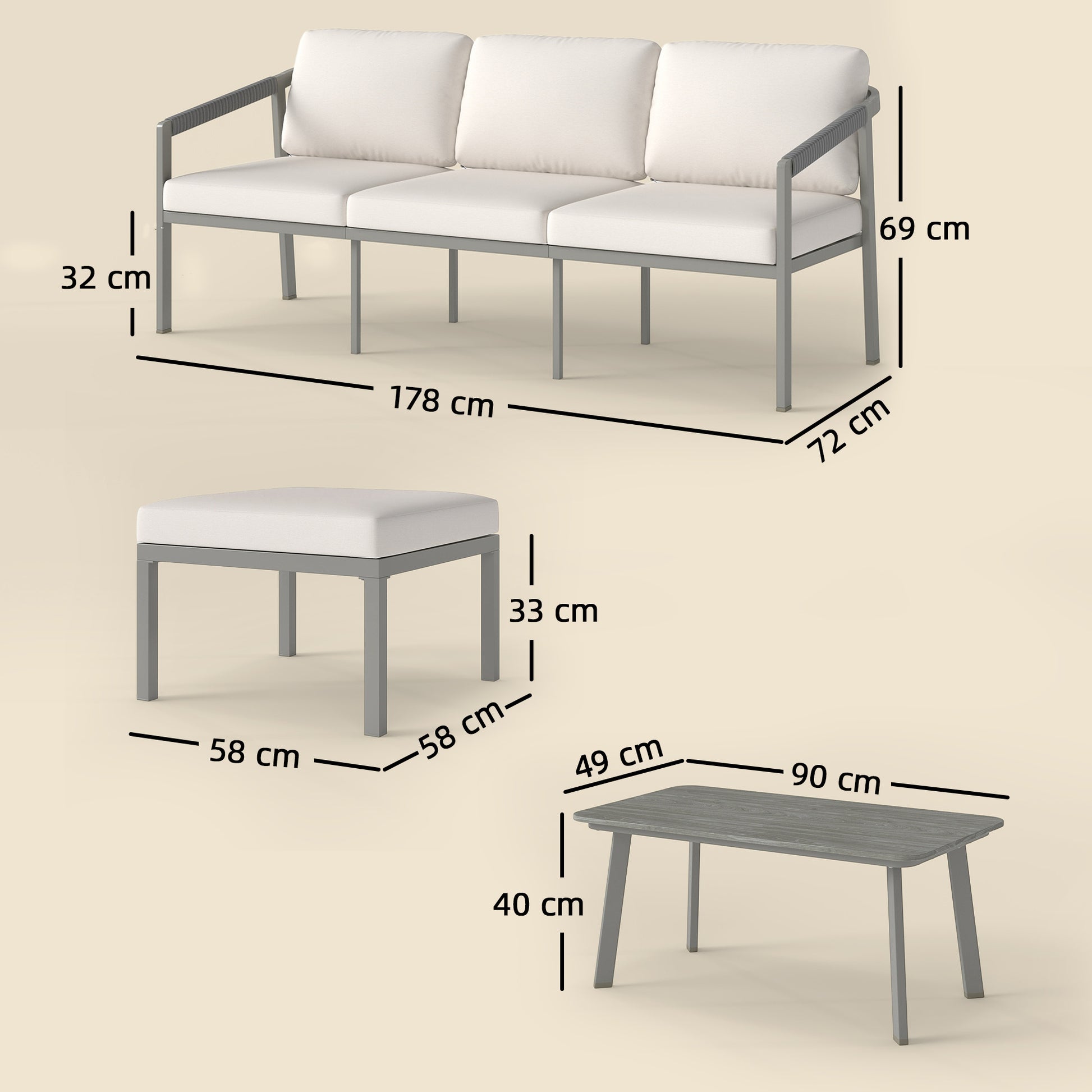 Outsunny Conjunto de Muebles Jardín Exterior de 3 Piezas Sofá Exterior Seccional Forma de L con Sofá de 3 Plazas Reposapiés Mesa Centro de Listones y Cojines de 10 cm para Terraza Patio Marrón y Beige