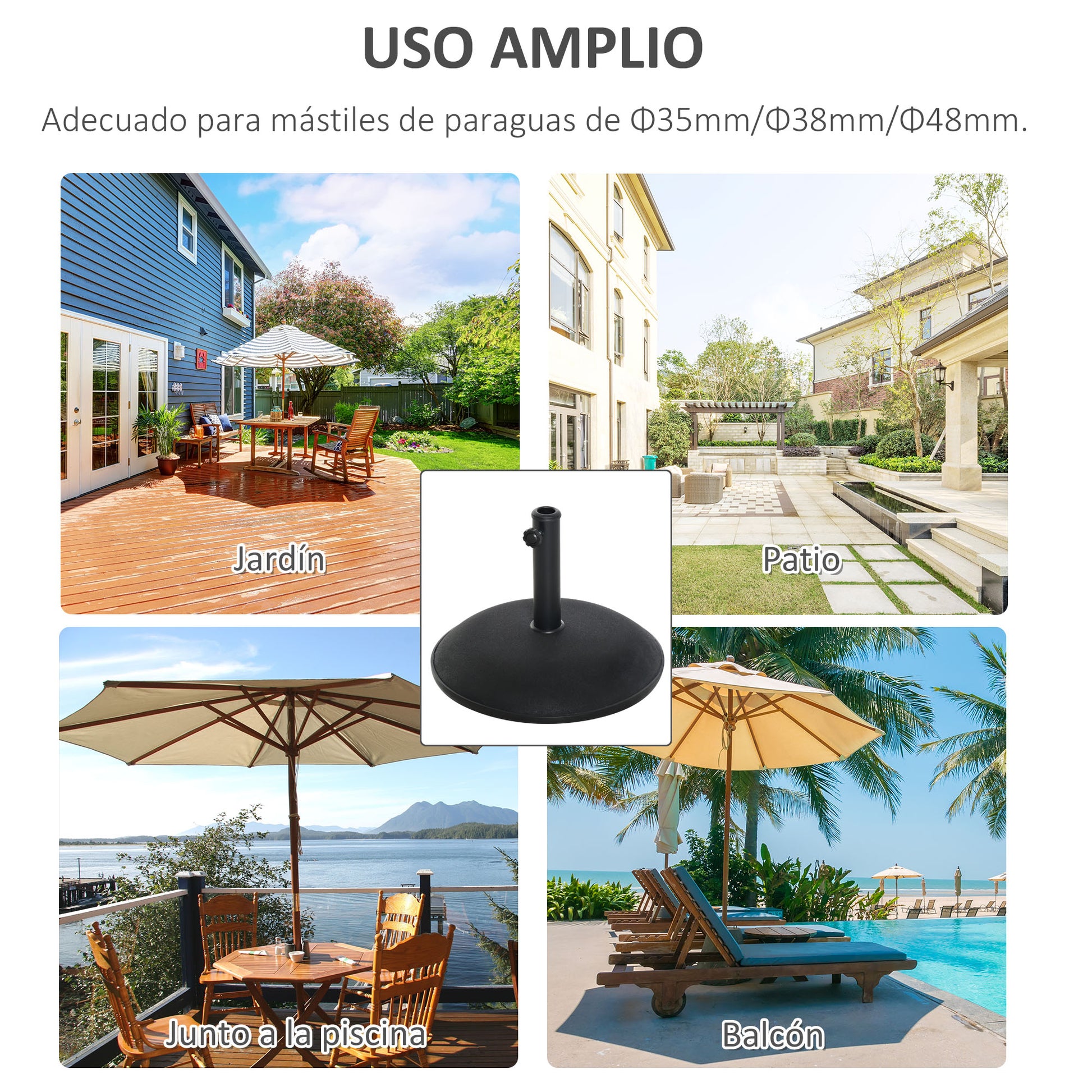 Outsunny Base para Sombrilla Redonda, 25 kg, Soporte de Parasol de Cemento, con Perilla, Pie para Sombrilla con Postes Ø35 mm, Ø38 mm, Ø48 mm, Fácil de Montaje, para Jardín, Patio, Terraza, Negro