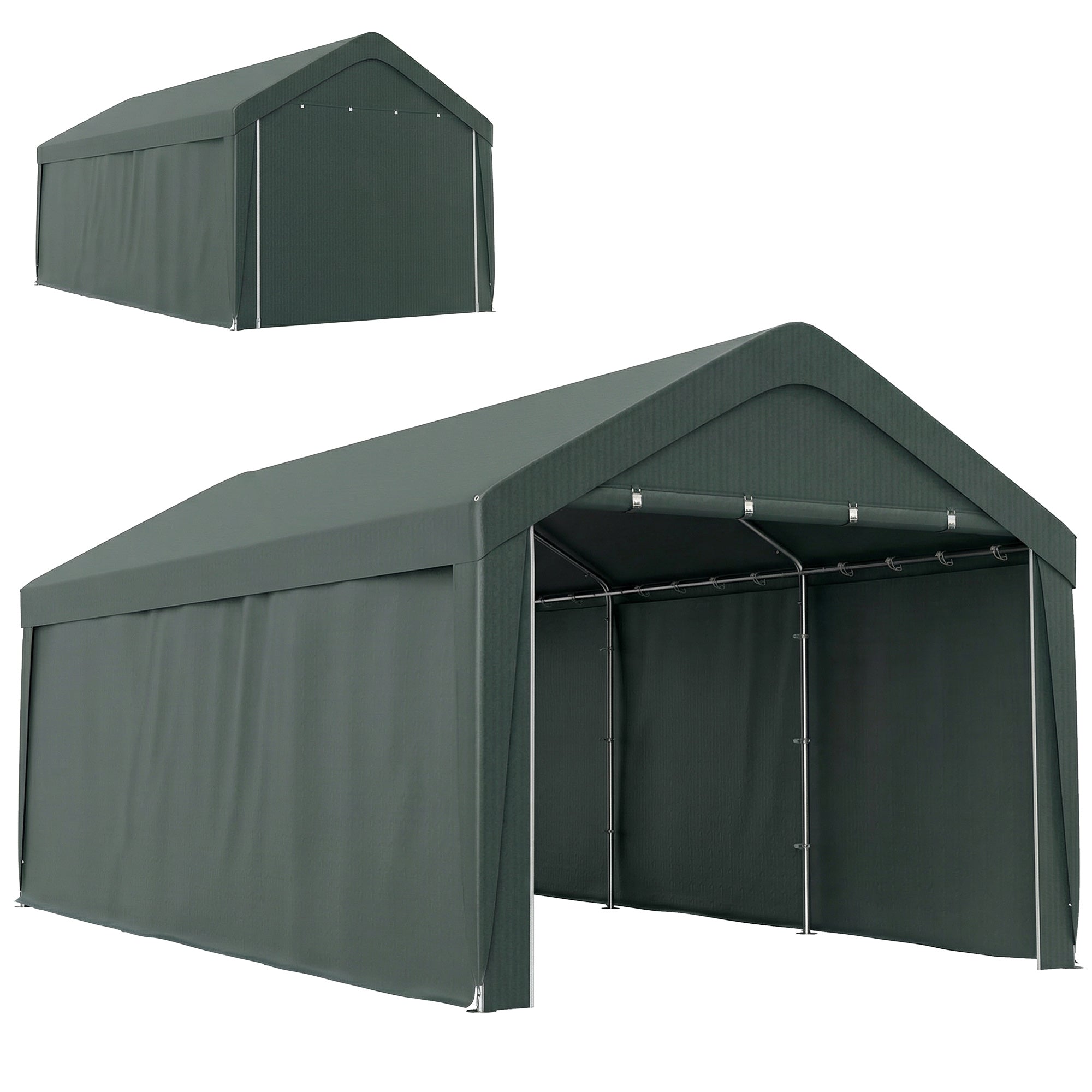Outsunny Carpa Garaje Portátil 3x6 m, Garaje Exterior para Coche Impermeable con Paredes Laterales Desmontables, Anti-UV, 2 Puertas Enrollables, Cobertizo para Herramientas de Jardín, Gris Oscuro