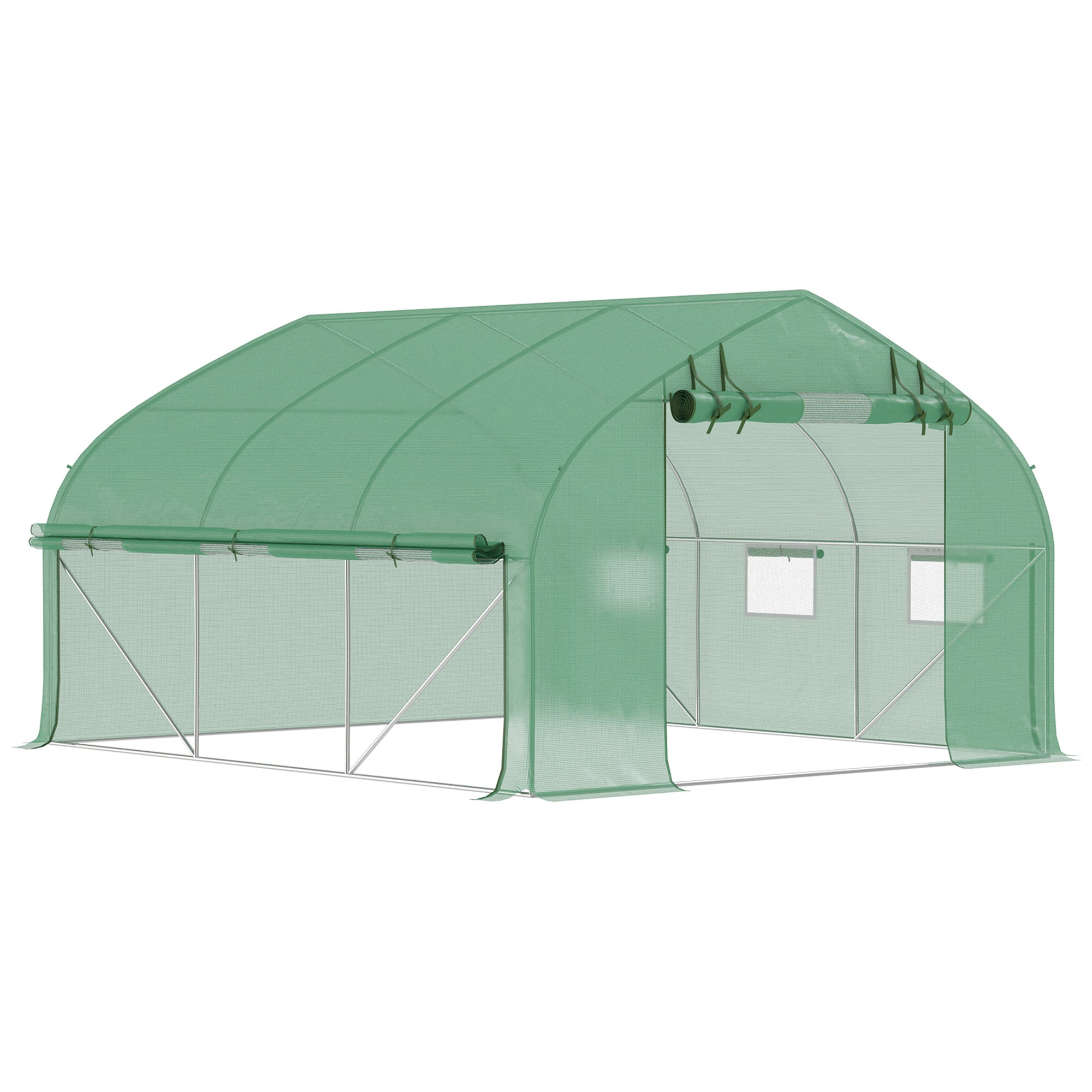 Outsunny Invernadero de Túnel 347x300x200 cm Invernadero de Jardín con Puerta Enrollable 6 Ventanas Cubierta PE 140g/m² Estructura de Acero Galvanizado para Cultivos Plantas Flores Verde