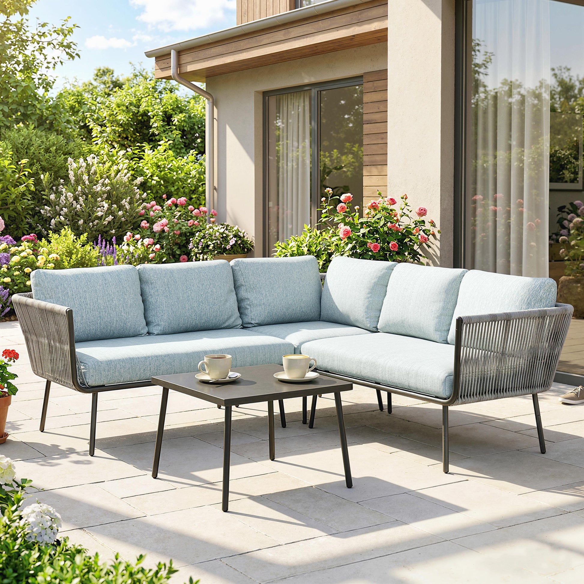 Outsunny Conjunto de Muebles de Ratán 4 Piezas con Marco de Aluminio Set de Muebles de Jardín 2 Sofá de 2 Plazas Sofá de Esquina Mesa de Centro con 6 Cojines Acolchados para Exterior Patio Azul Claro