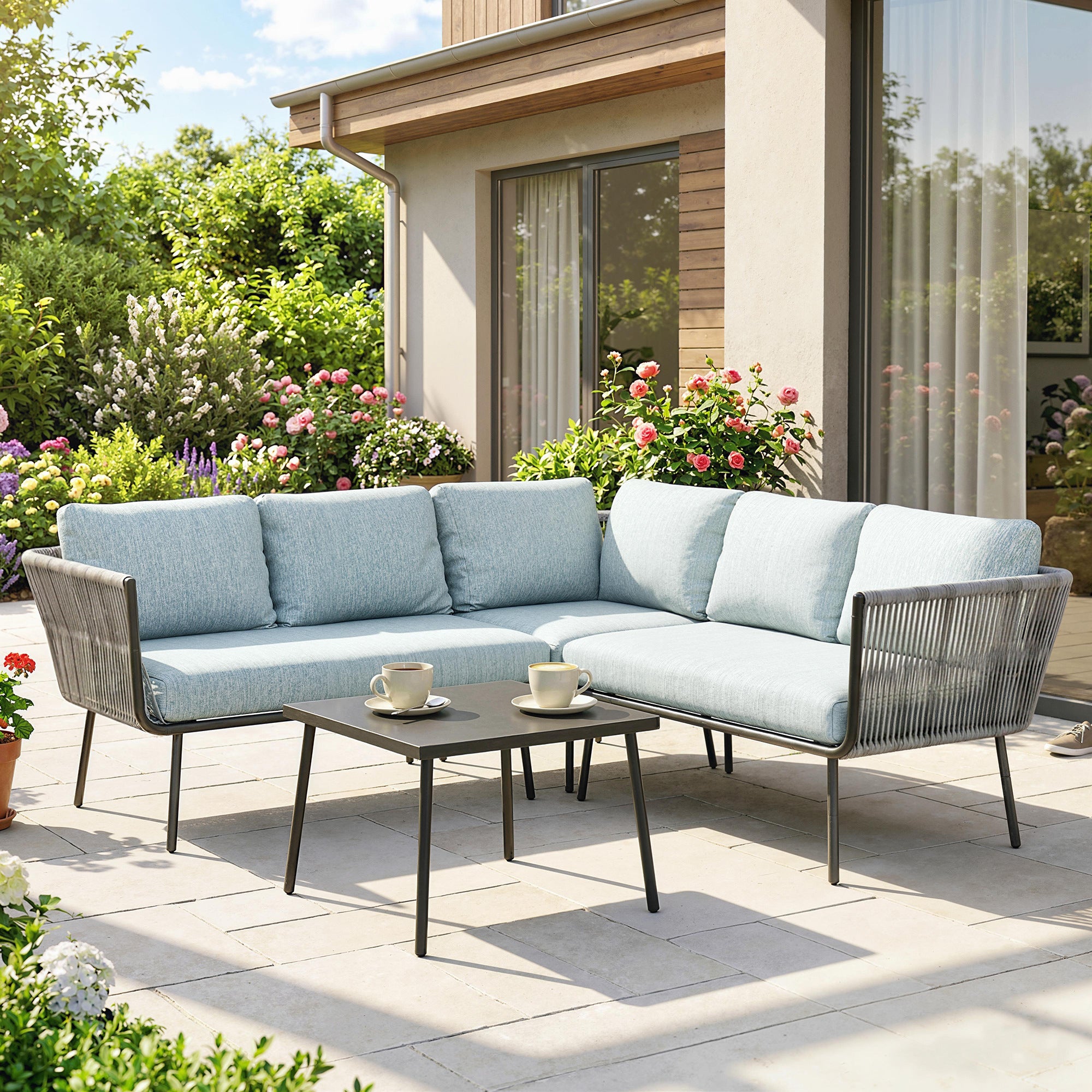 Outsunny Conjunto de Muebles de Ratán 4 Piezas con Marco de Aluminio Set de Muebles de Jardín 2 Sofá de 2 Plazas Sofá de Esquina Mesa de Centro con 6 Cojines Acolchados para Exterior Patio Azul Claro