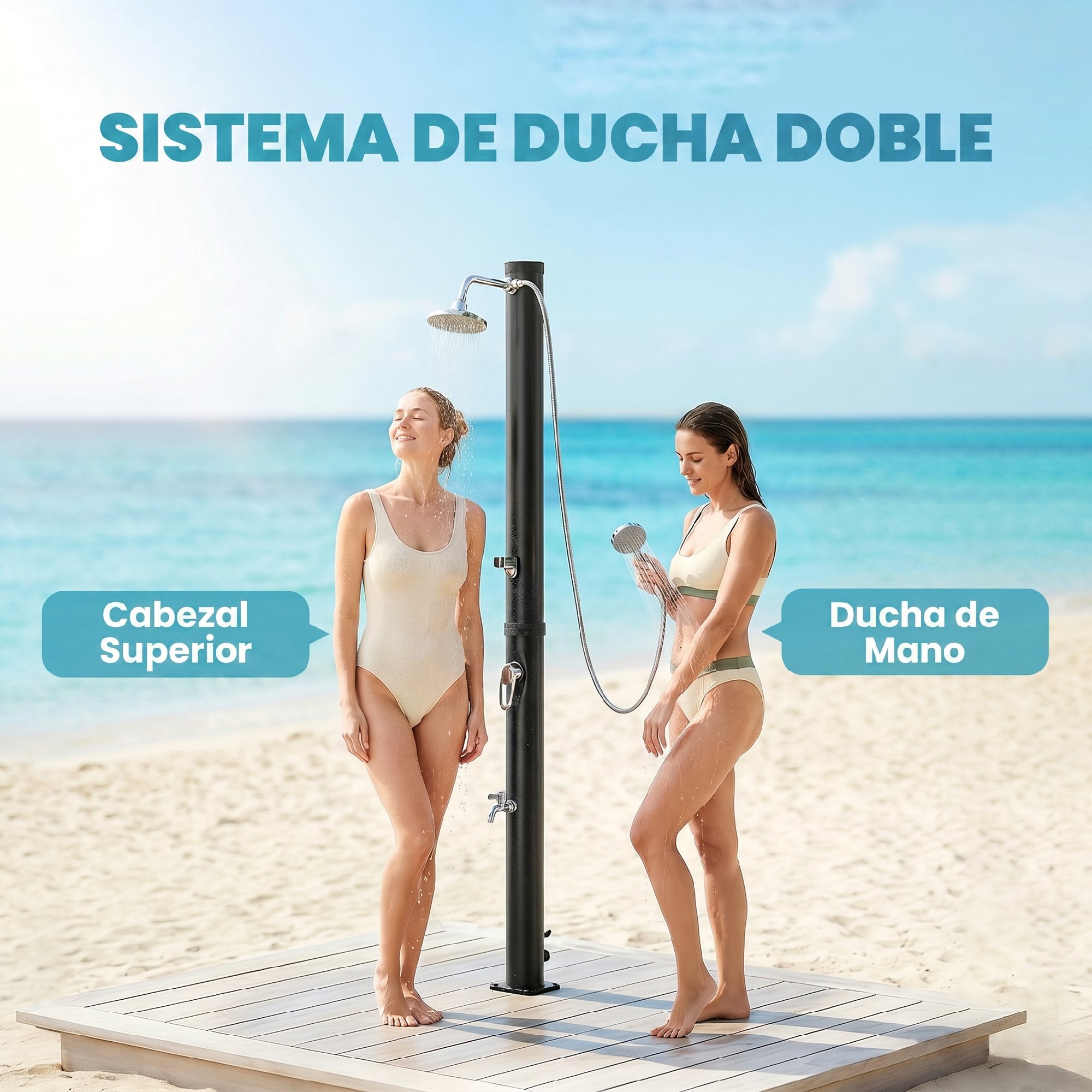 Outsunny Ducha Solar de Jardín 20L Ducha Solar Exterior con Cabezal Rociador de Mano Grifo Pies Agua Fría y Caliente Máx. 60 °C Protección contra Congelamiento para Piscina Camping 42x11x215 cm Negro
