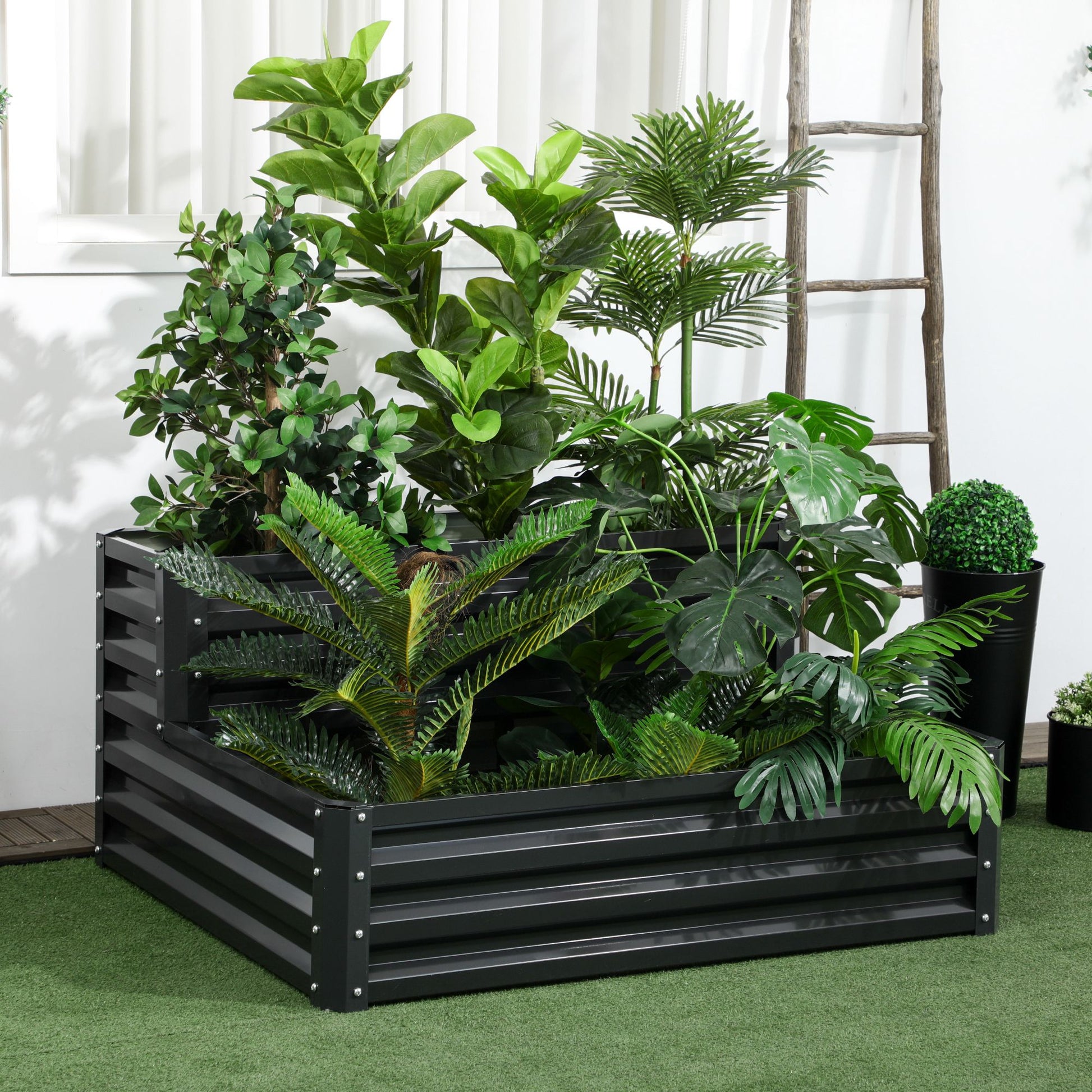 Outsunny Huerto Urbano de 2 Niveles Jardinera Exterior de Acero con Diseño de Escalera para Cultivos Plantas Medicina Herbaria Flores para Terraza Jardín 120x101x58 cm Gris Oscuro