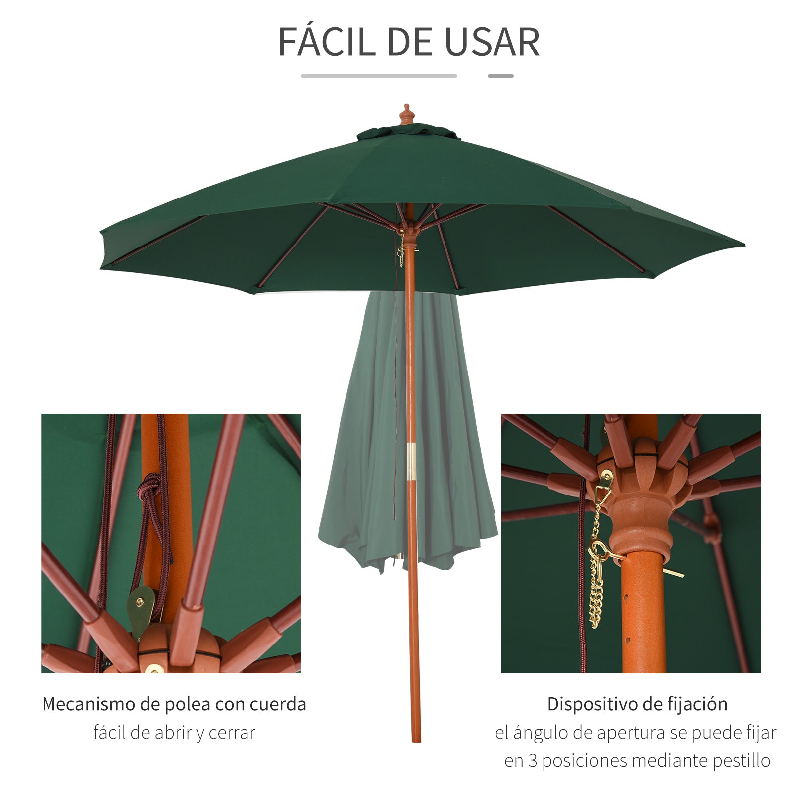 Outsunny Sombrilla Parasol con Poste Desmontable de Madera Ángulo Ajustable Ventilación Sistema de Polea para Exterior Jardín Patio Piscina Terraza Ø257x253 cm Verde Oscuro