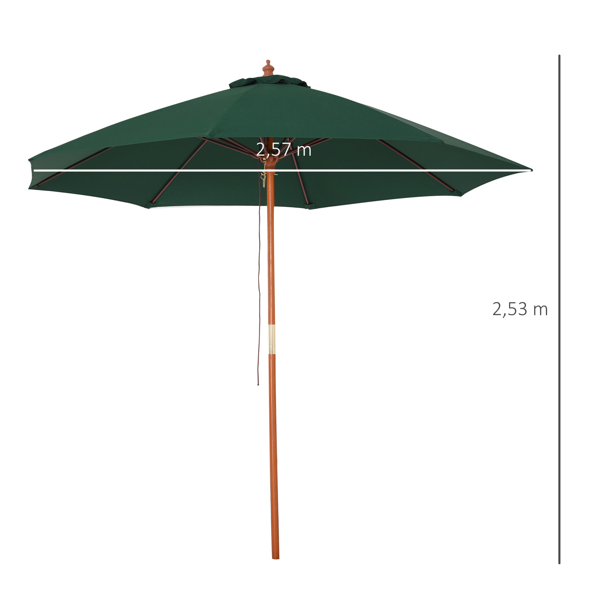 Outsunny Sombrilla Parasol con Poste Desmontable de Madera Ángulo Ajustable Ventilación Sistema de Polea para Exterior Jardín Patio Piscina Terraza Ø257x253 cm Verde Oscuro