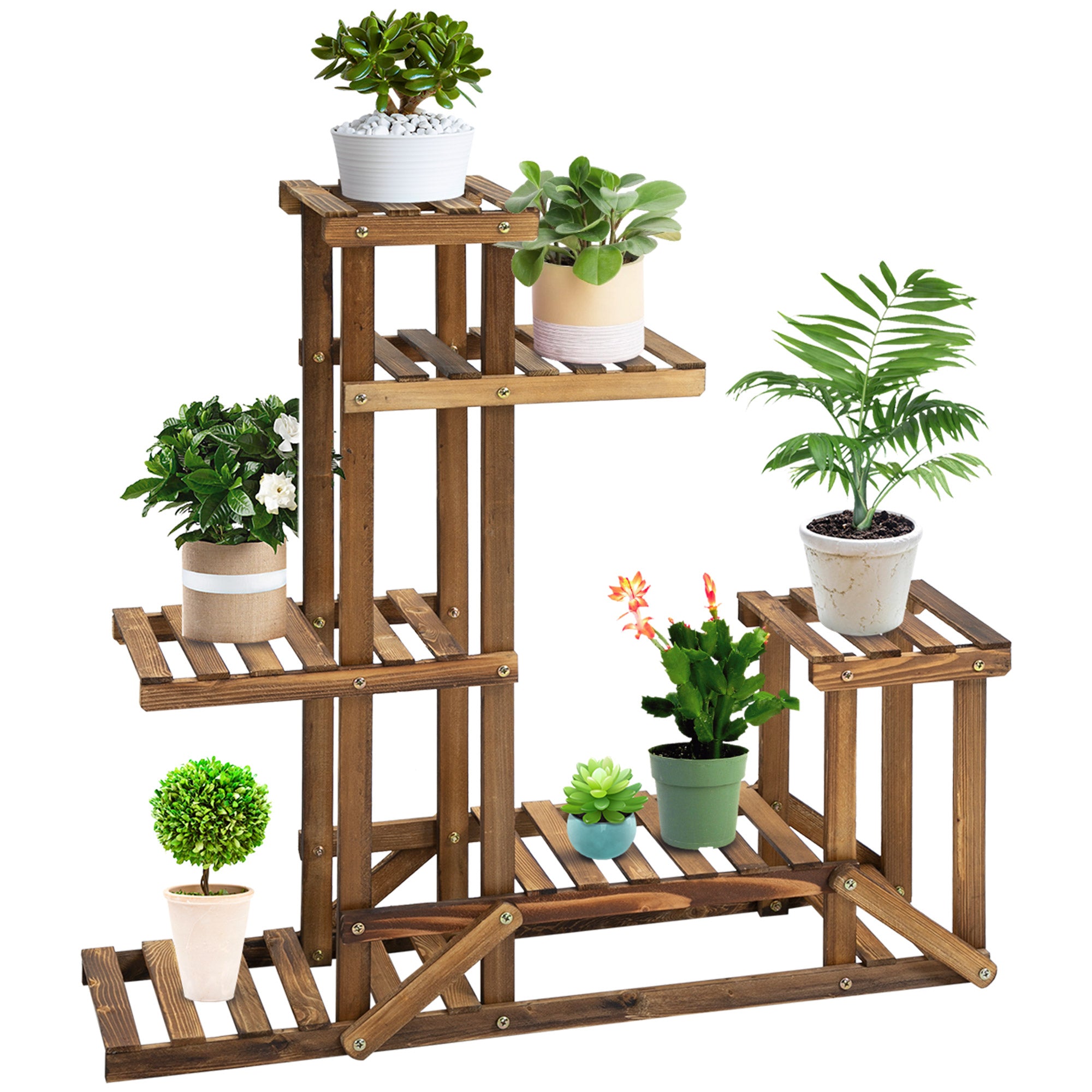Outsunny Soporte de Madera para Flores Estantería Decorativa para Macetas Plantas con 6 Estantes Interior y Exterior para Jardín Balcón Terraza 95x28x96,5 cm Carbonizado