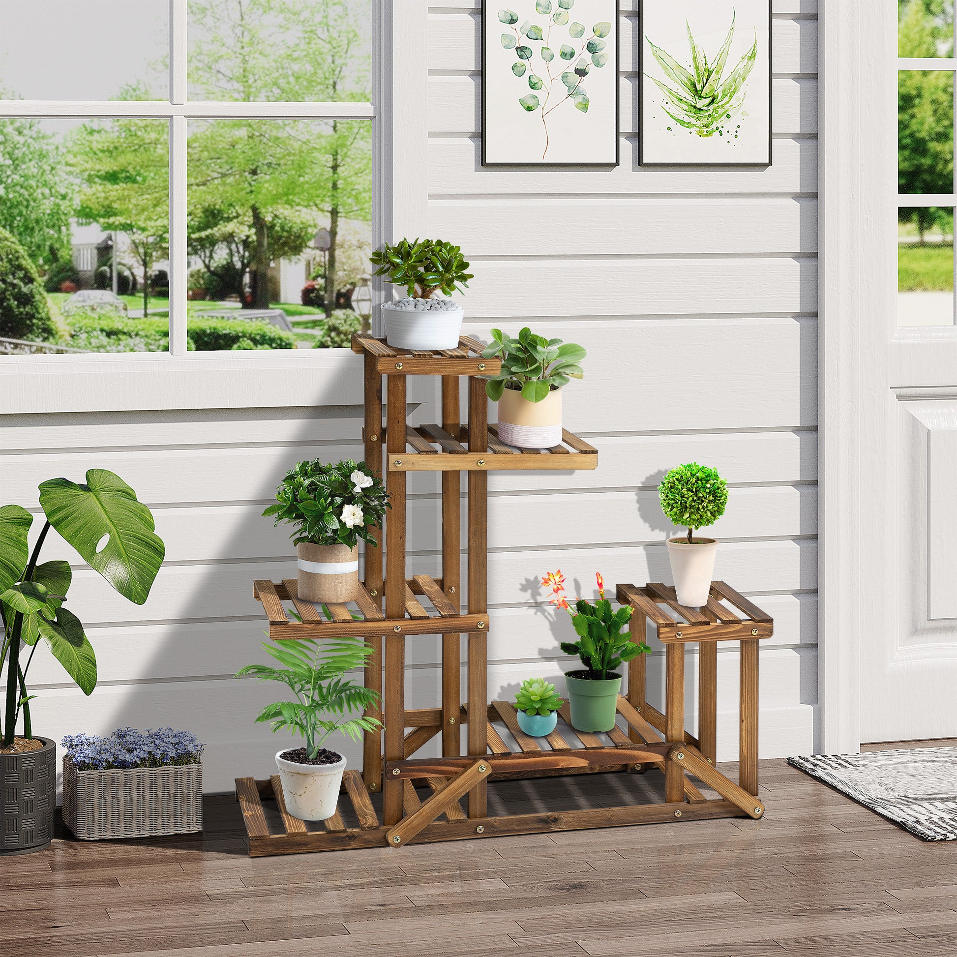 Outsunny Soporte de Madera para Flores Estantería Decorativa para Macetas Plantas con 6 Estantes Interior y Exterior para Jardín Balcón Terraza 95x28x96,5 cm Carbonizado