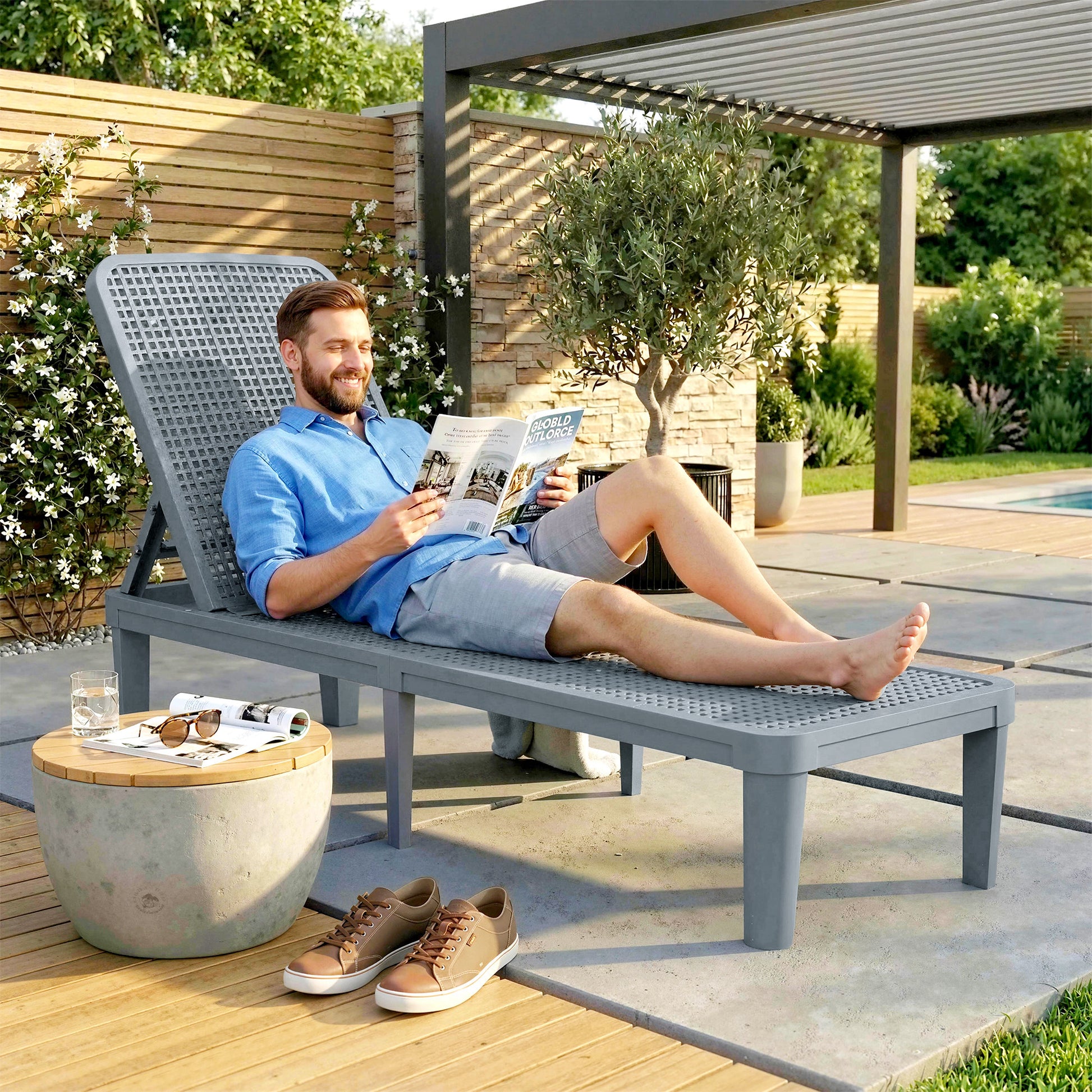 Outsunny Tumbona Reclinable, Tumbona Jardín Exterior de PP con Respaldo Ajustable en 4 Niveles, Carga 120 kg, para Patio, Terraza, Balcón, Montaje Fácil, 191x55x35,5 cm, Gris Oscuro