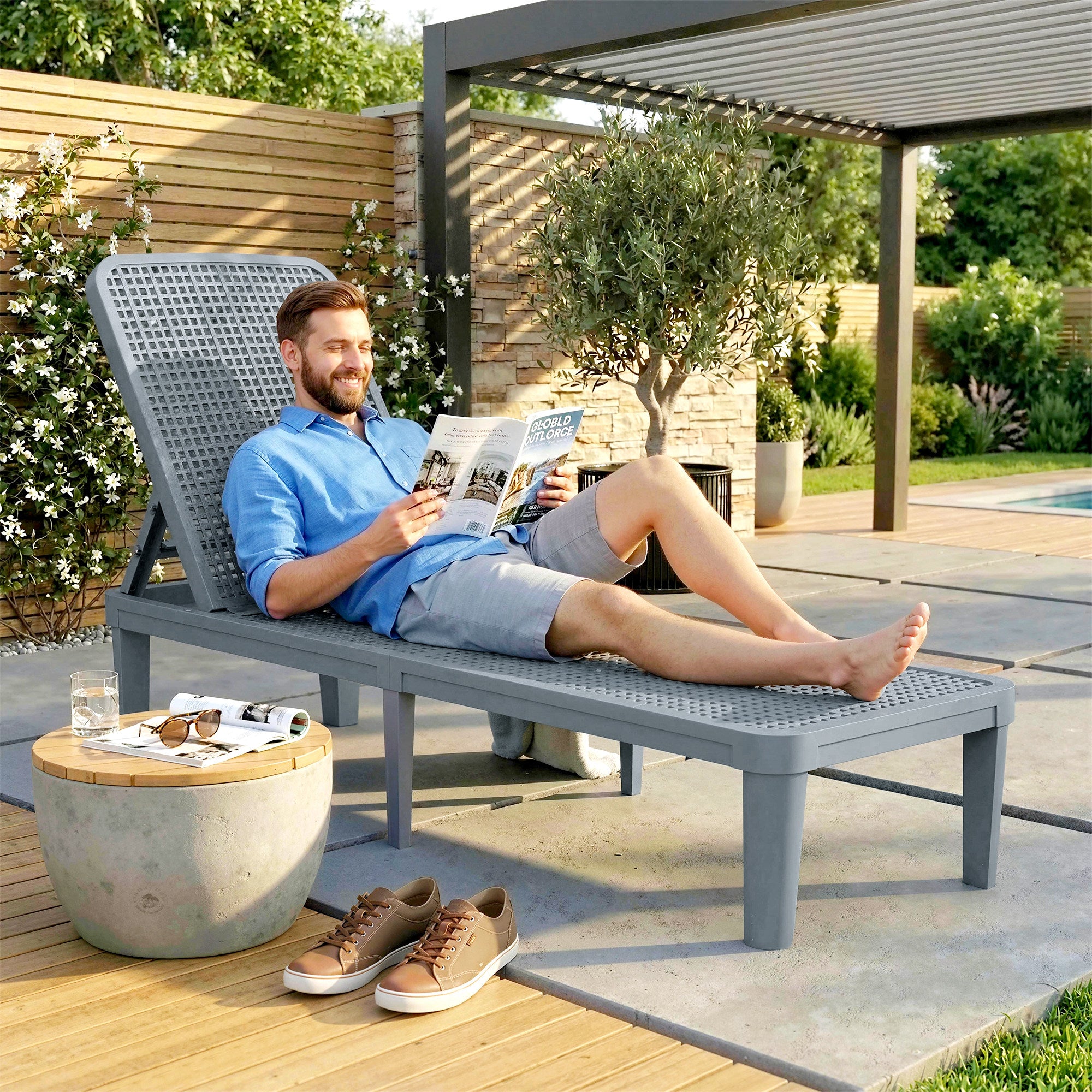 Outsunny Tumbona Reclinable, Tumbona Jardín Exterior de PP con Respaldo Ajustable en 4 Niveles, Carga 120 kg, para Patio, Terraza, Balcón, Montaje Fácil, 191x55x35,5 cm, Gris Oscuro
