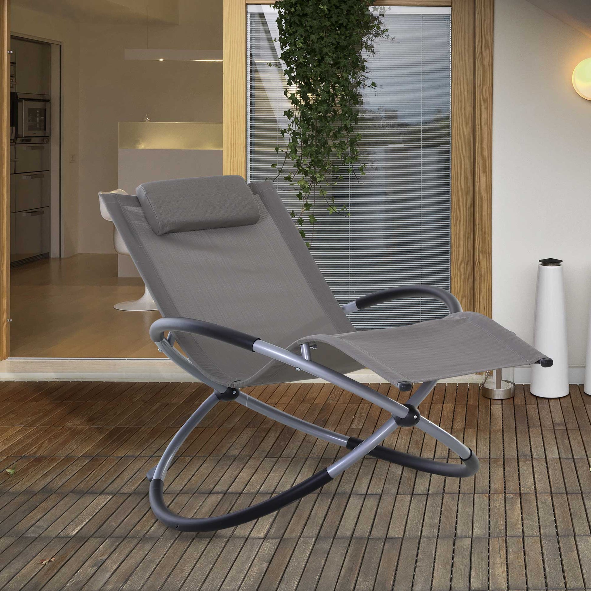 Outsunny Tumbona Mecedora de Jardín con Reposacabezas Extraíble Sillón Tumbona de Exterior Tela de Texteline para Patios Piscina al Aire Libre 154x80x84 cm Gris