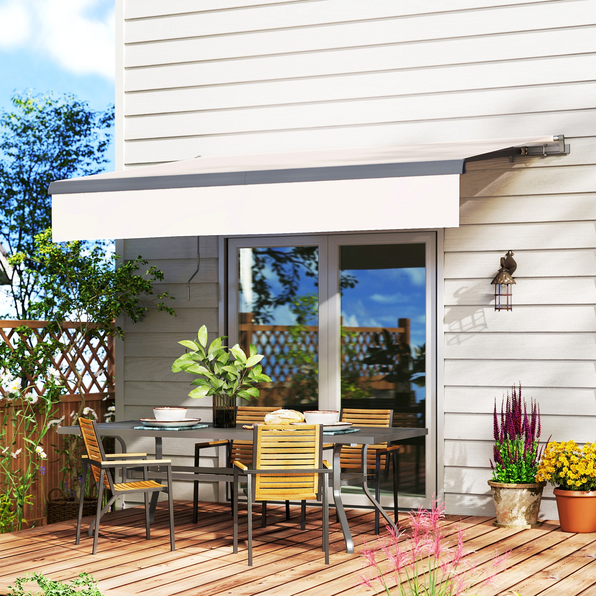 Outsunny Toldo Manual Retráctil 3x2 m Toldo Exterior Terraza Enrollable Ajustable con Manivela Protección UV50+ Estructura de Aluminio y Metal para Balcón Jardín Crema
