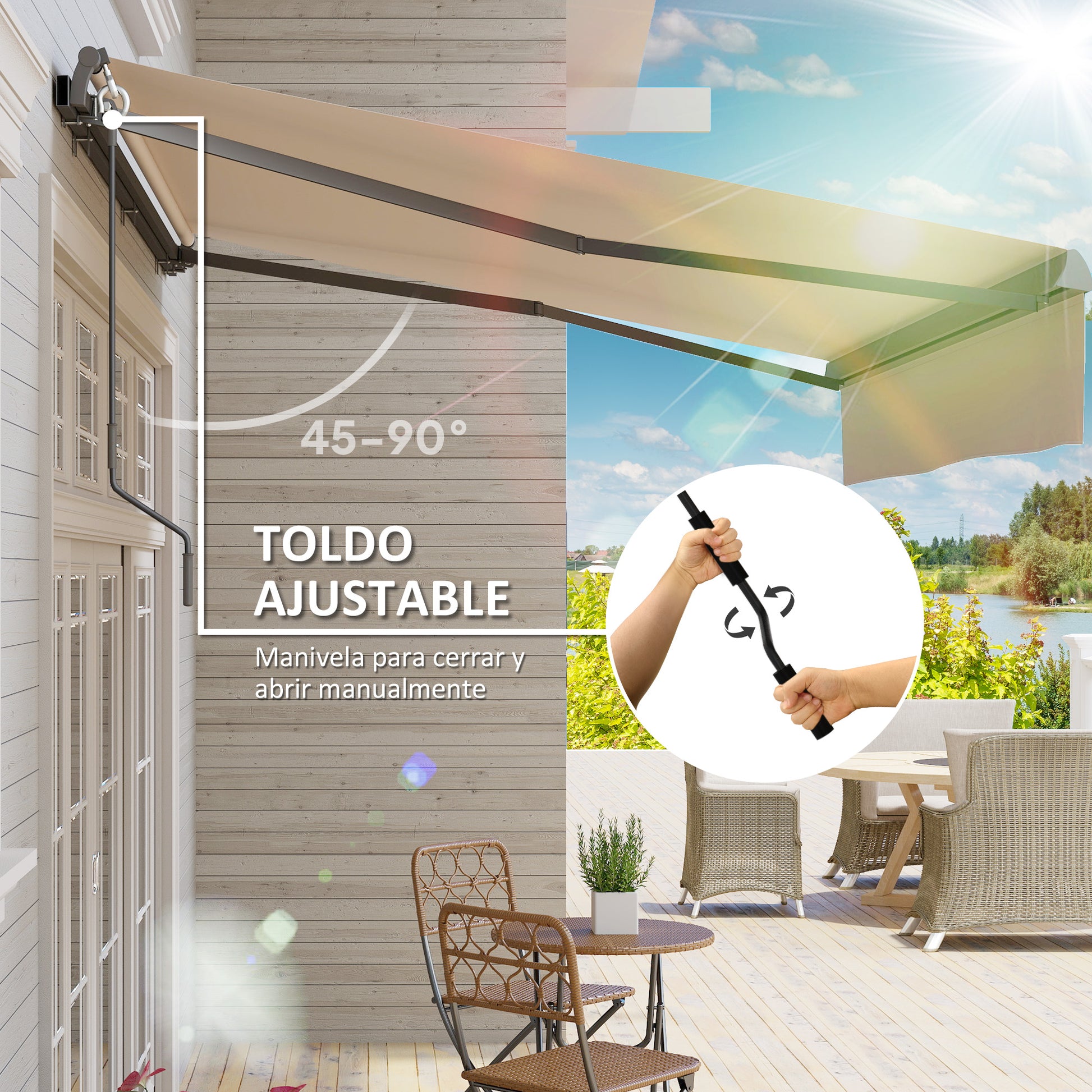 Outsunny Toldo Manual Retráctil 3x2 m Toldo Exterior Terraza Enrollable Ajustable con Manivela Protección UV50+ Estructura de Aluminio y Metal para Balcón Jardín Crema