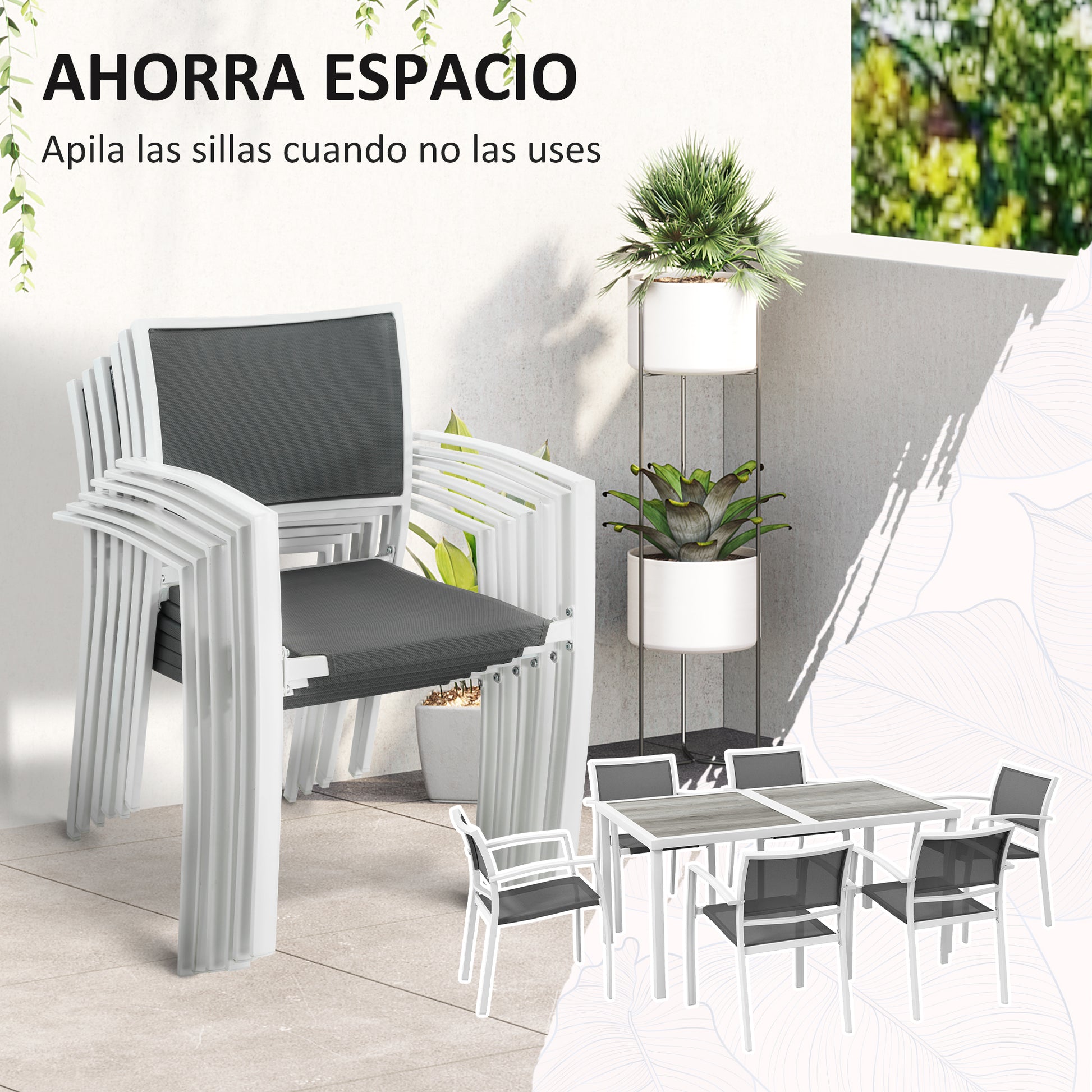 Outsunny Conjunto de Comedor de Exterior Juego de Comedor de Jardín de 7 Piezas con 1 Mesa y 6 Sillas Apilables Estilo Moderno para Terraza Patio Blanco y Gris