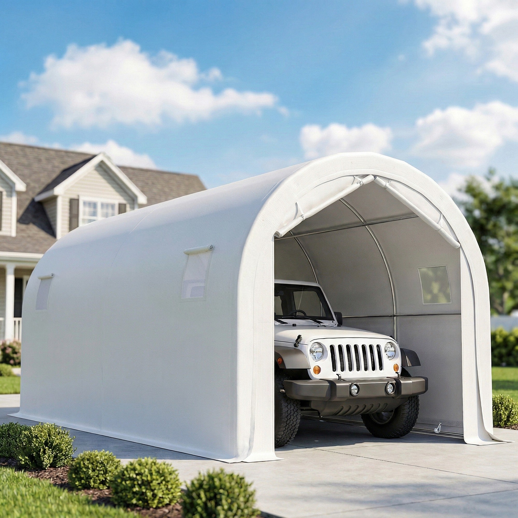 Outsunny Carpa Garaje Portátil 3x6 m, Garaje Exterior para Coche Impermeable con Puerta Enrollable con Cremalleras y 4 Ventanas, Marco Metal Galvanizado, UPF 30+, Cobertizo de Almacenamiento, Blanco