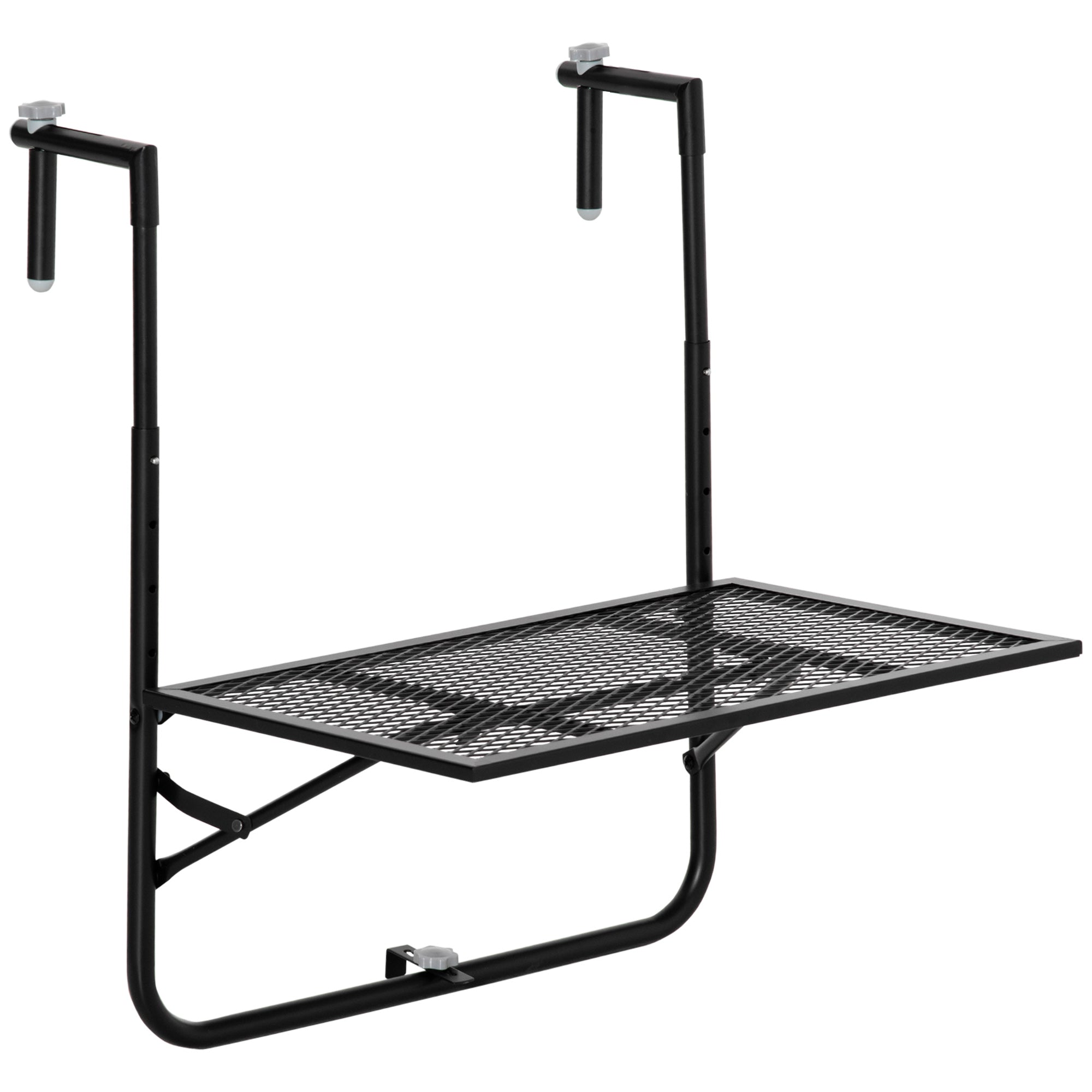 Outsunny Mesa Colgante de Balcón, Mesa Plegable para Balcón de Metal para Barandilla, con Altura Ajustable en 4 Niveles, Carga 10 kg, para Terraza, Jardín, Exterior, 60x60x57-72 cm, Negro