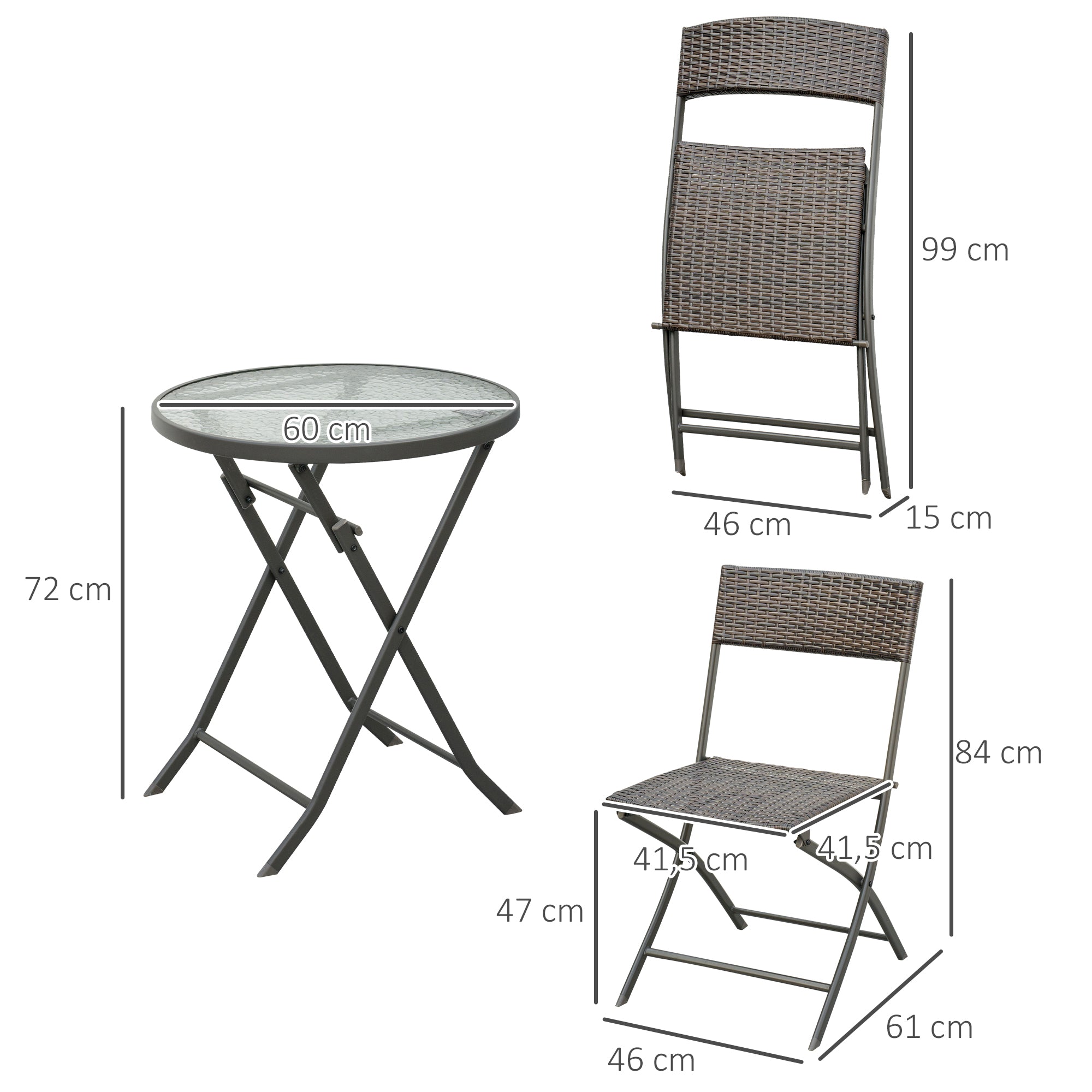 Outsunny Conjunto de Muebles de Jardín Conjunto de Mesa y 2 Sillas de Jardín de Ratán Sintético con Sillas Plegables y Mesa de Vidrio para Terraza Patio Marrón
