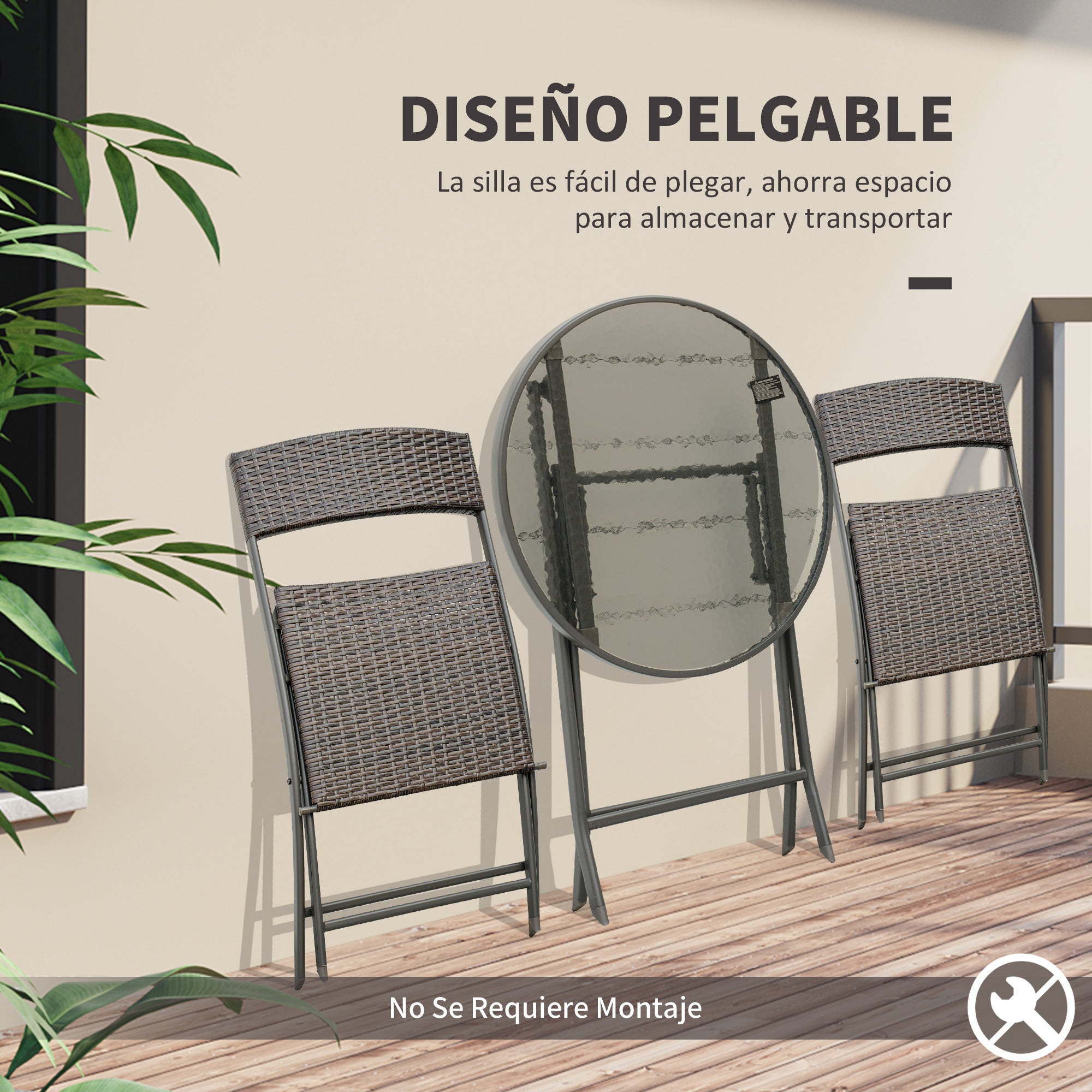 Outsunny Conjunto de Muebles de Jardín Conjunto de Mesa y 2 Sillas de Jardín de Ratán Sintético con Sillas Plegables y Mesa de Vidrio para Terraza Patio Marrón