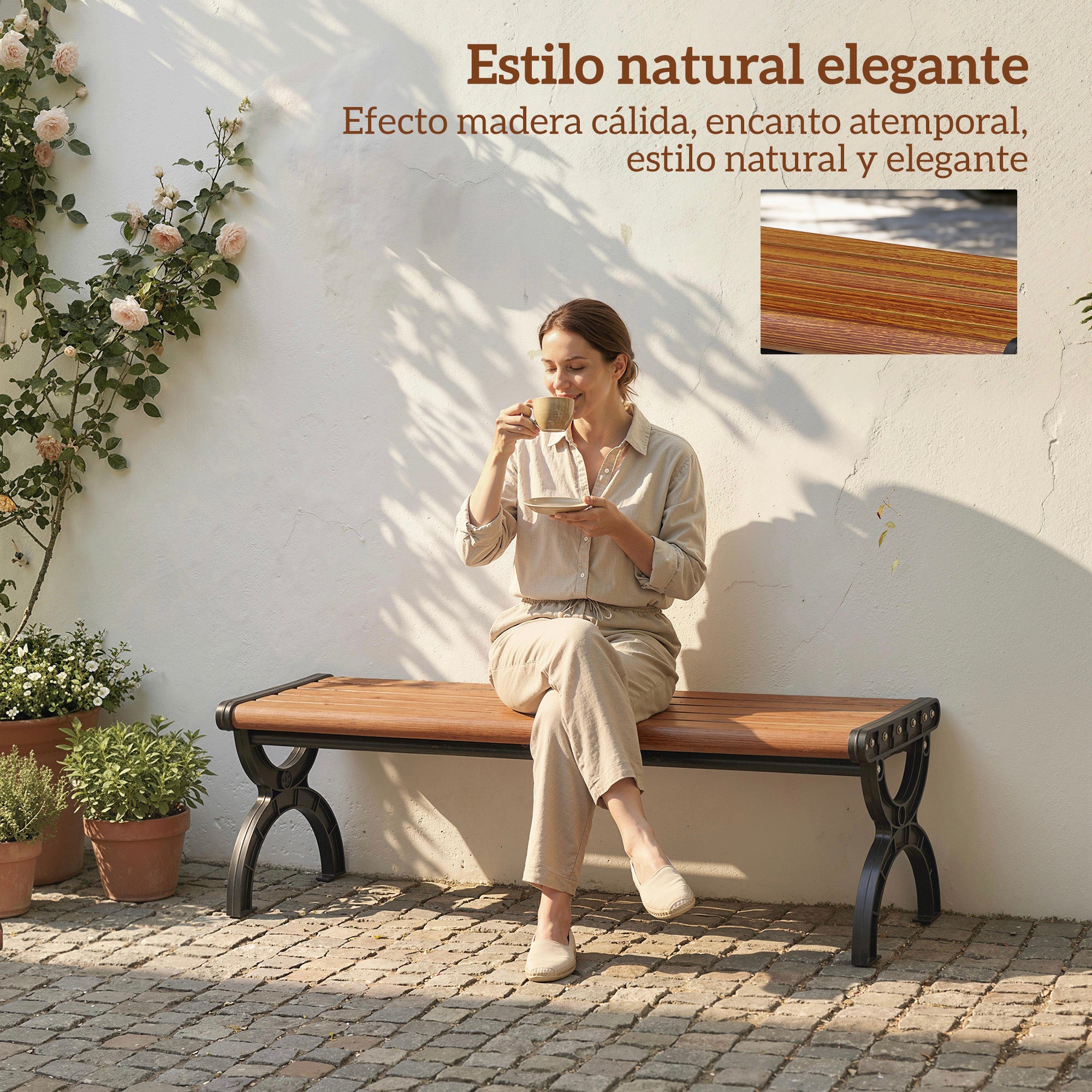 Outsunny Banco de Jardín Exterior de 2 Plazas, Banco Exterior con Estructura Metálica y Asiento Listonado, para Patio, Terraza, 124x39x39 cm, Marrón