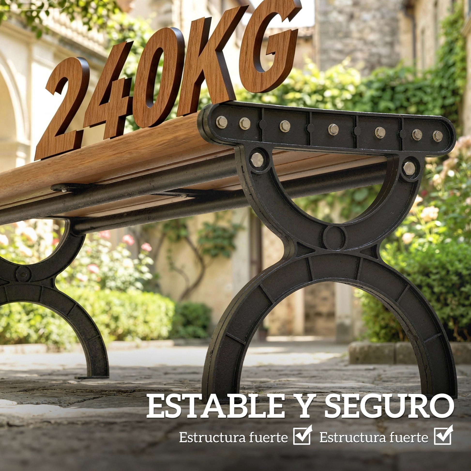 Outsunny Banco de Jardín Exterior de 2 Plazas, Banco Exterior con Estructura Metálica y Asiento Listonado, para Patio, Terraza, 124x39x39 cm, Marrón