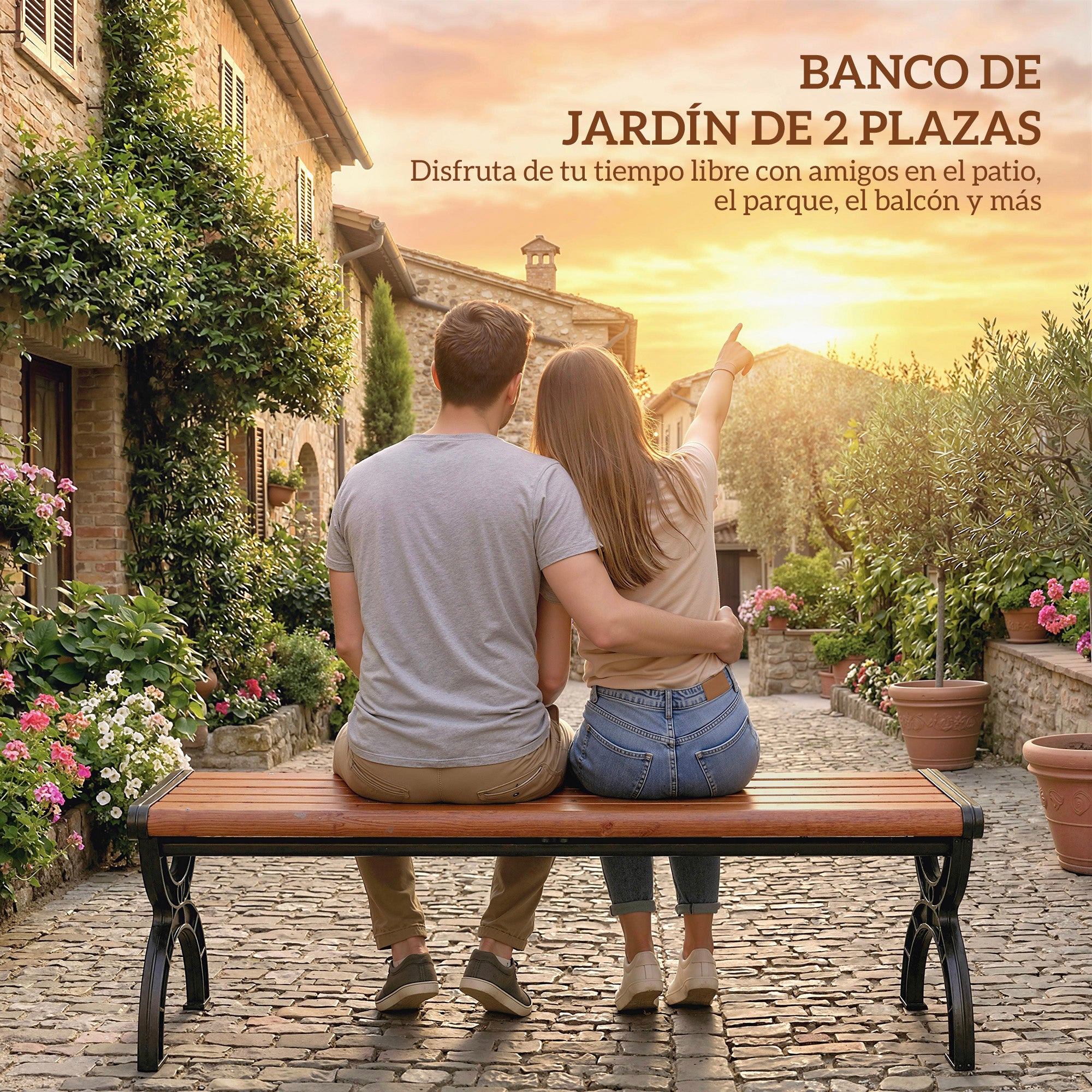 Outsunny Banco de Jardín Exterior de 2 Plazas, Banco Exterior con Estructura Metálica y Asiento Listonado, para Patio, Terraza, 124x39x39 cm, Marrón