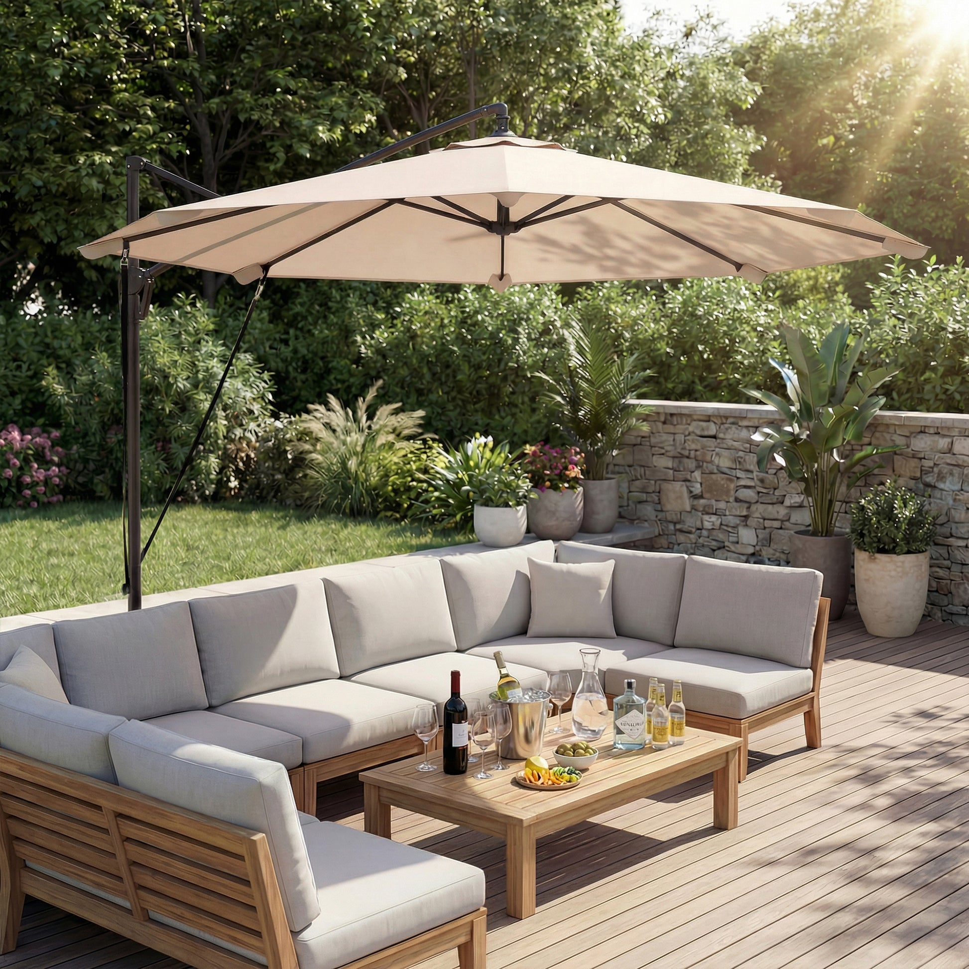 Outsunny Parasol Excéntrico, Ø300 cm, Sombrilla de Jardín con Base Cruzada, Manivela, Funda Protectora y Cuerdas de Viento, UPF30+, para Terraza, Patio, Caqui