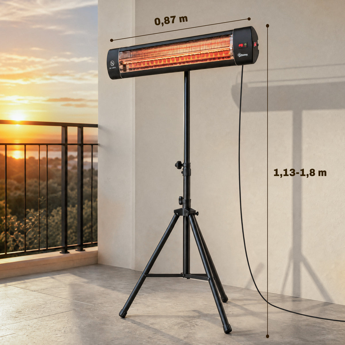 Outsunny Calefactor por Infrarrojos para Terraza 2500 W, Estufa Exterior Eléctrica de Pie de Aluminio con IP65, Trípode Regulable, 3 Niveles de Calor, Control Táctil/Remoto, Temporizador 24 H