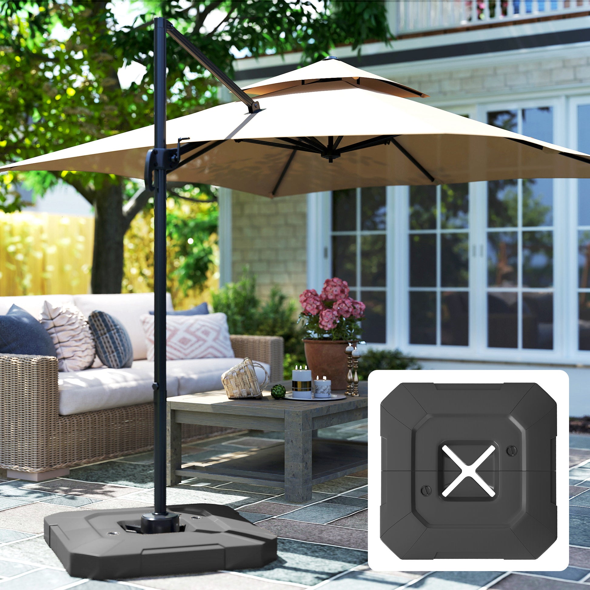 Outsunny Base para Sombrilla de 2 Piezas, Soporte para Parasol de HDPE Rellenable con Agua 80 kg o Mezcla de Agua y Arena 105 kg, para Jardín, Patio, Terraza, Negro