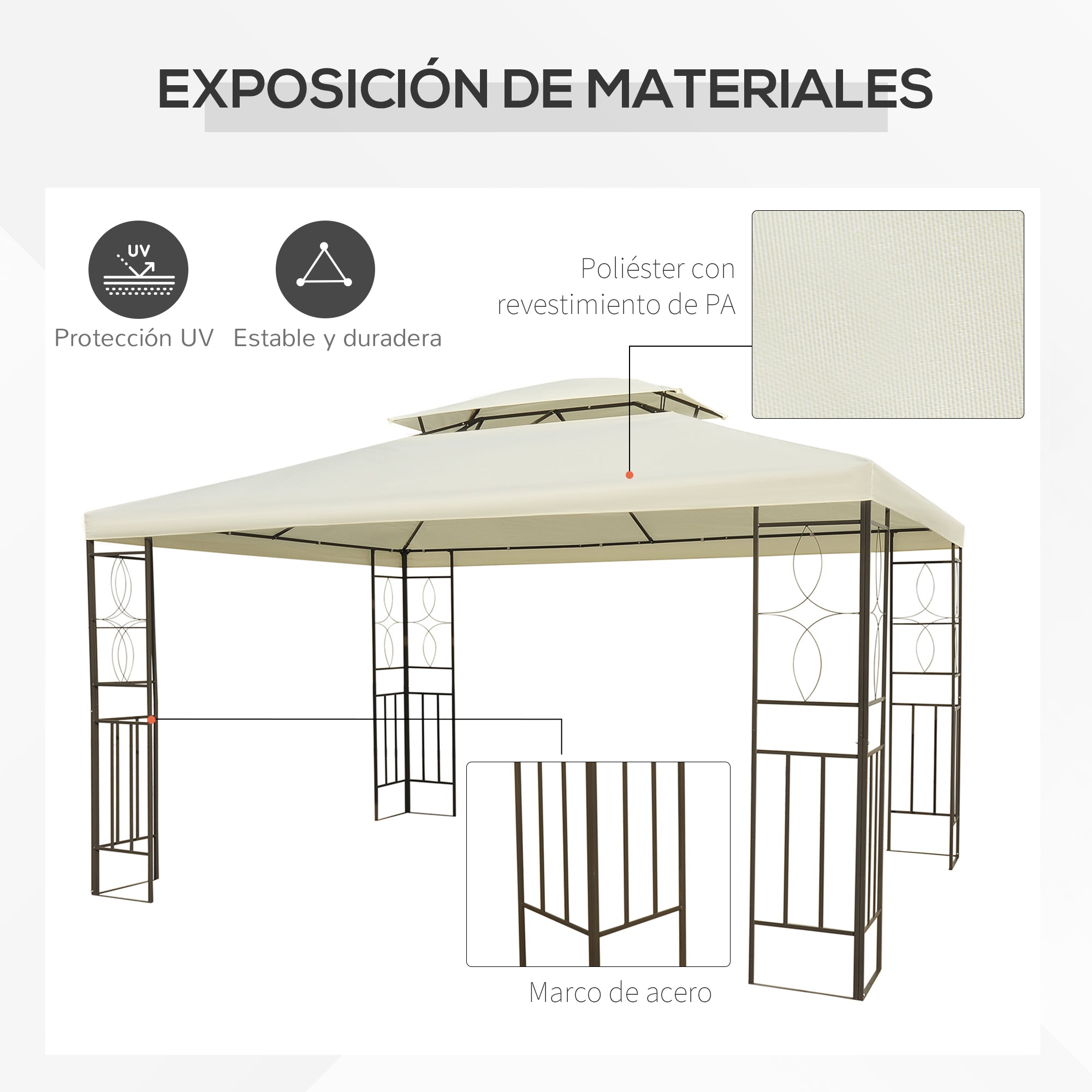 Outsunny Cenador de Jardín 4x3 m, Pabellón de Jardín Gazebo con Doble Techo, Marco de Acero, 8 Orificios de Drenaje, UPF30+, Carpa para Exterior, Terraza, Patio, Fiestas, Blanco Crema