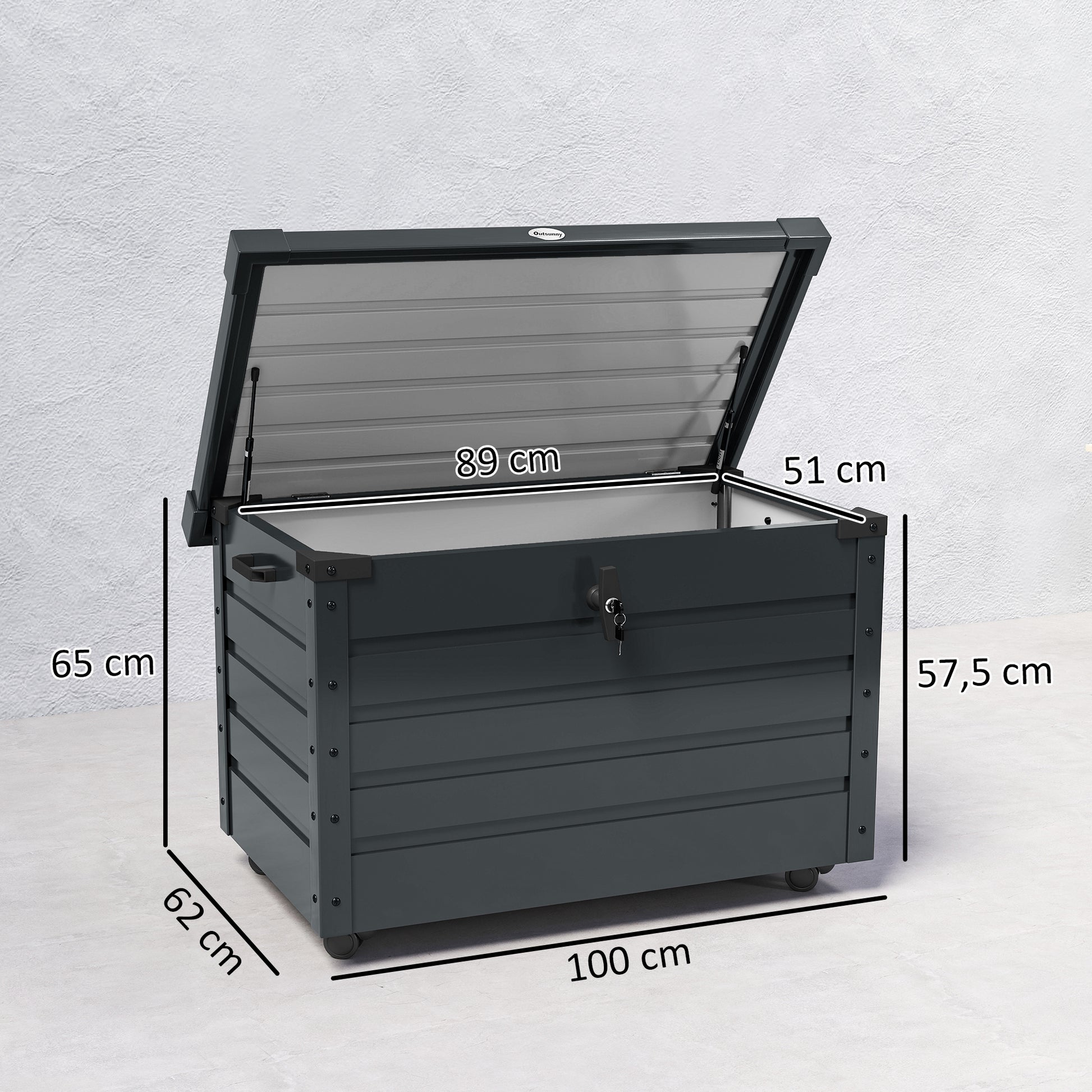 Outsunny Arcón Exterior Capacidad 295L, Baúl de Almacenaje de Acero Galvanizado con 4 Ruedas, 2 Asas y Tapa con Cerradura, Impermeable, para Jardín, Terraza, Patio, 100x62x65 cm, Gris Oscuro