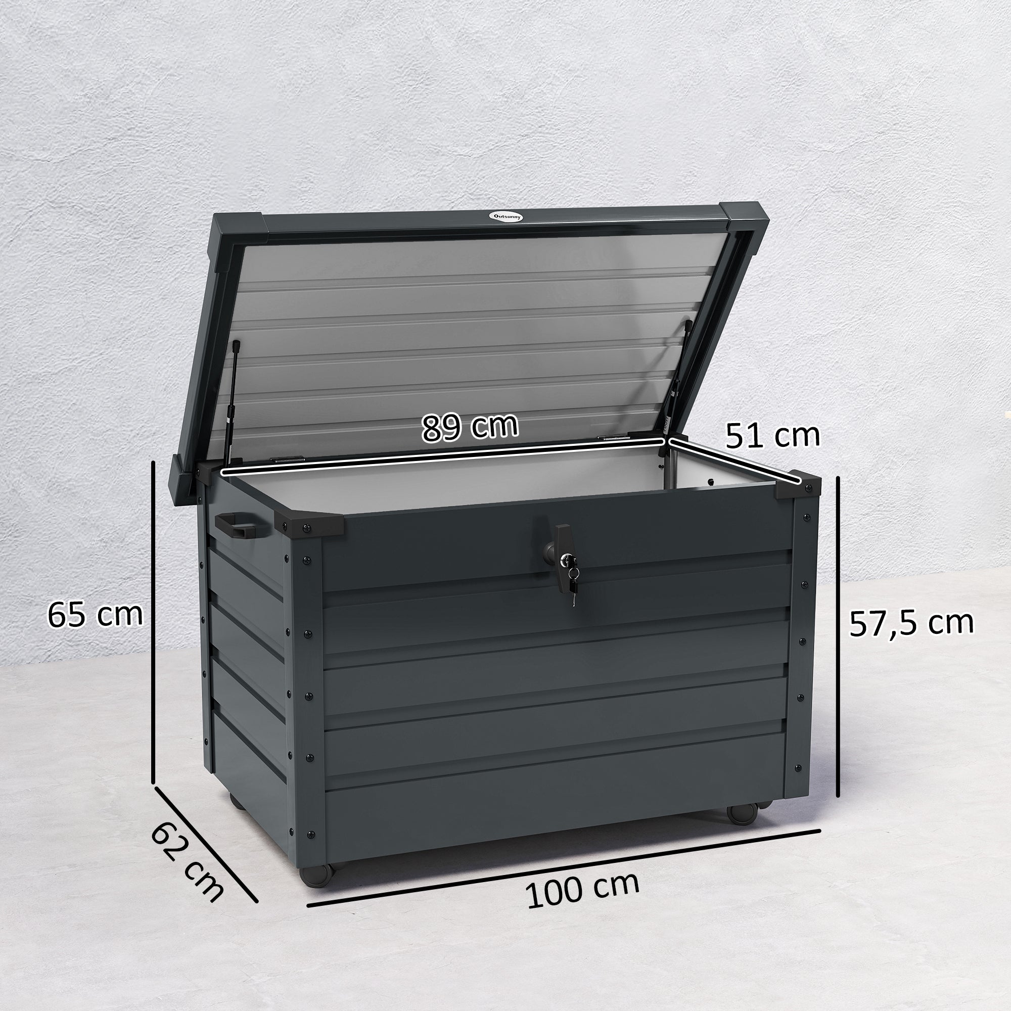 Outsunny Arcón Exterior Capacidad 295L, Baúl de Almacenaje de Acero Galvanizado con 4 Ruedas, 2 Asas y Tapa con Cerradura, Impermeable, para Jardín, Terraza, Patio, 100x62x65 cm, Gris Oscuro