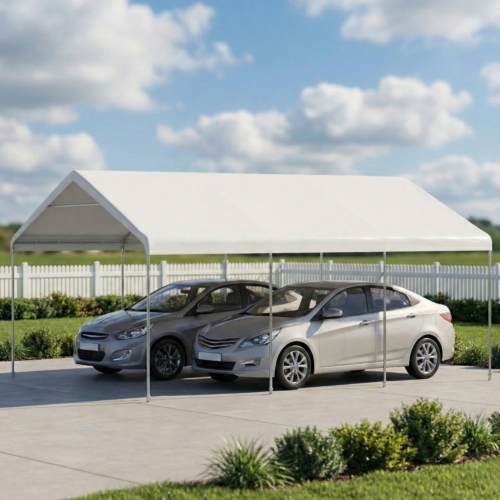 Outsunny Carpa Garaje Portátil 5x6 m, Garaje Exterior para Coche Impermeable con Estructura de Acero Galvanizado, Toldo Resistente Anti-UV, Cobertizo para Herramientas de Jardín, Blanco Crema