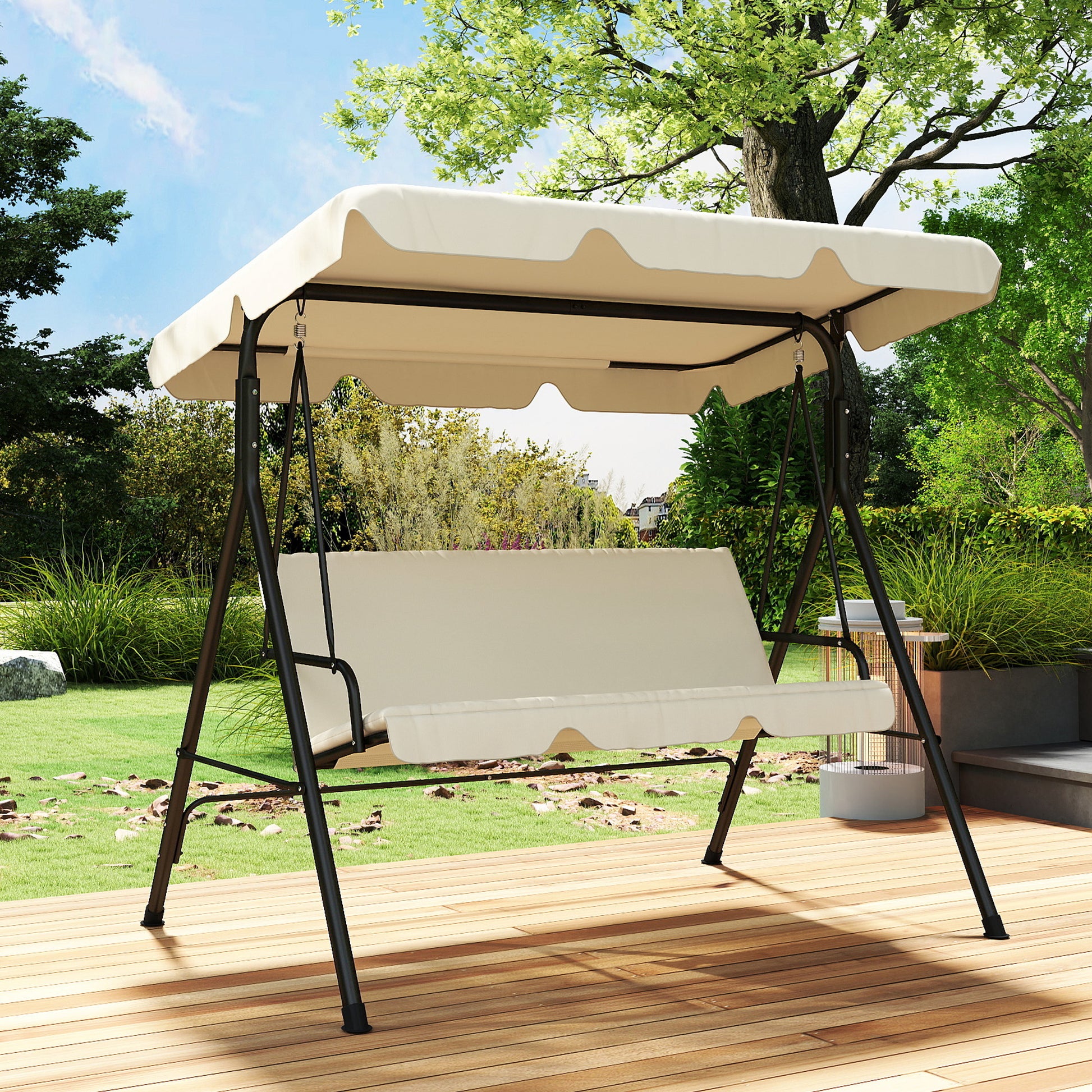 Outsunny Columpio de Jardín Exterior de 3 Plazas, Balancín de Jardín Exterior con Techo Ajustable, Cojín y Marco de Acero, para Balcón, Terraza, Patio, Carga 240 kg, 172x118x153 cm, Beige