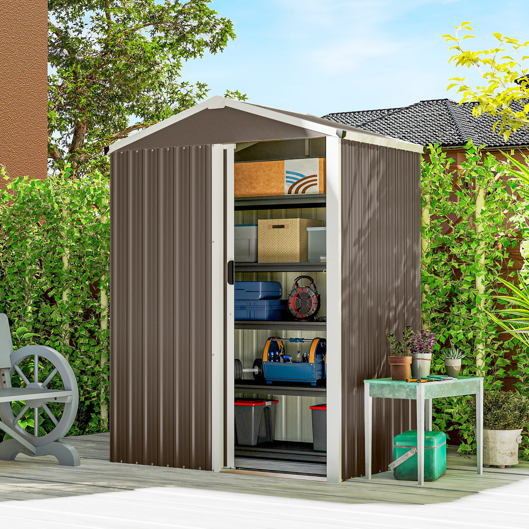 Outsunny Caseta de Jardín Exterior 1,1 m², 136x87x179 cm, Cobertizo de Jardín Exterior Metálico con Puerta Corredera, Techo Inclinado y Guantes, para Almacenaje de Herramientas Bicicletas, Marrón