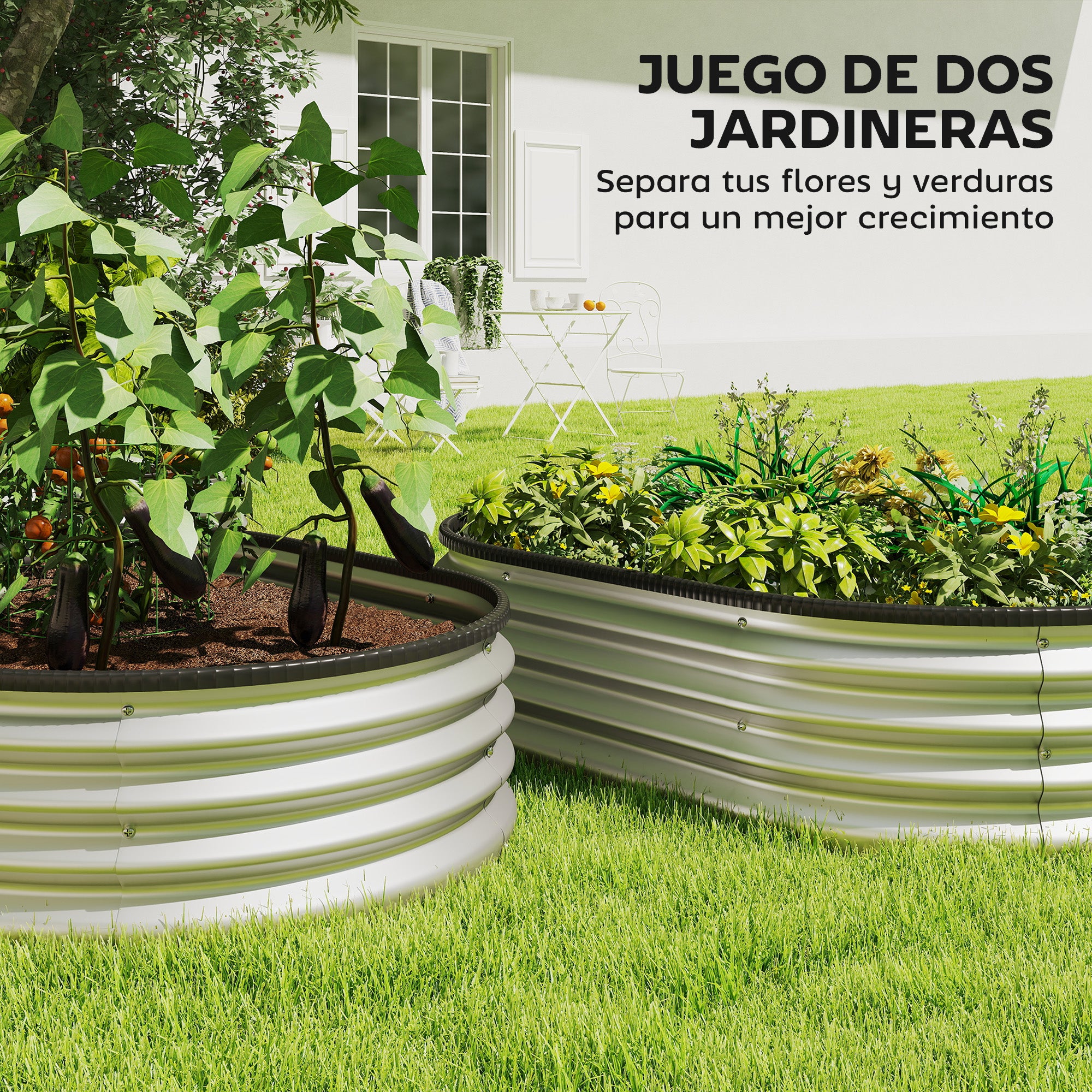 Outsunny Juego de 2 Jardineras Exterior Grandes de Acero Galvanizado, Huertos Urbanos, Maceteros Exterior Modular con Base Abierta para Plantas, Resistente a la Intemperie, 135x90x30 cm, Plateado