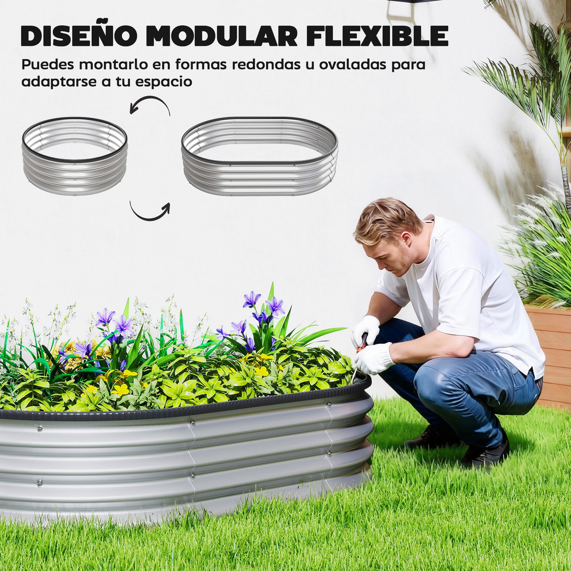Outsunny Juego de 2 Jardineras Exterior Grandes de Acero Galvanizado, Huertos Urbanos, Maceteros Exterior Modular con Base Abierta para Plantas, Resistente a la Intemperie, 135x90x30 cm, Plateado
