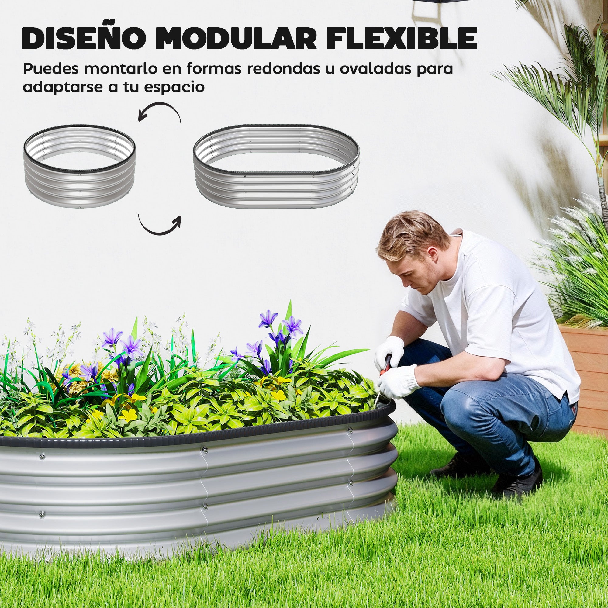 Outsunny Juego de 2 Jardineras Exterior Grandes de Acero Galvanizado, Huertos Urbanos, Maceteros Exterior Modular con Base Abierta para Plantas, Resistente a la Intemperie, 135x90x30 cm, Plateado