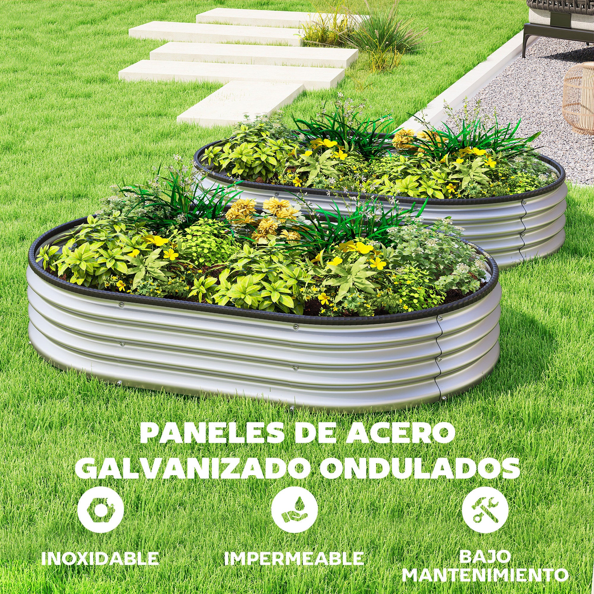 Outsunny Juego de 2 Jardineras Exterior Grandes de Acero Galvanizado, Huertos Urbanos, Maceteros Exterior Modular con Base Abierta para Plantas, Resistente a la Intemperie, 135x90x30 cm, Plateado