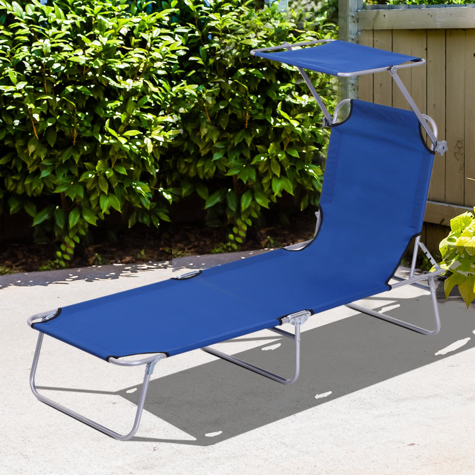Outsunny Tumbona Plegable Tumbona de Jardín Exterior Reclinable con Toldo Desmontable con Ángulo Regulable Respaldo Ajustable en 4 Niveles para Terraza Piscina Patio 187x58x36 cm Azul