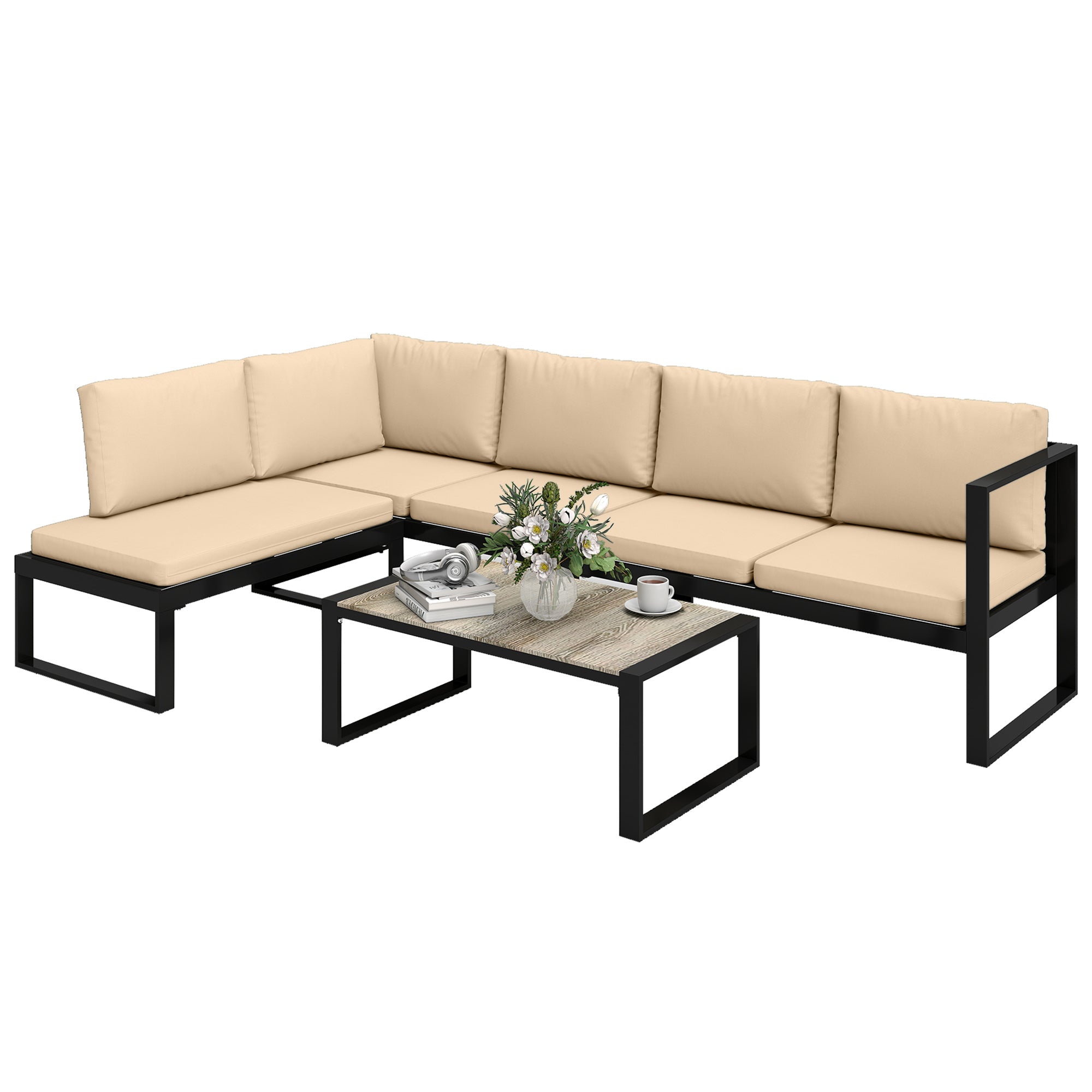 Outsunny Conjunto de Jardín Exterior de 4 Piezas, Muebles Jardín Exterior con 2 Sofás de 2 Plazas, 1 Sillón sin Brazos y Mesa de Centro, Conjunto de Sofá con Estructura de Acero y Cojines, Caqui