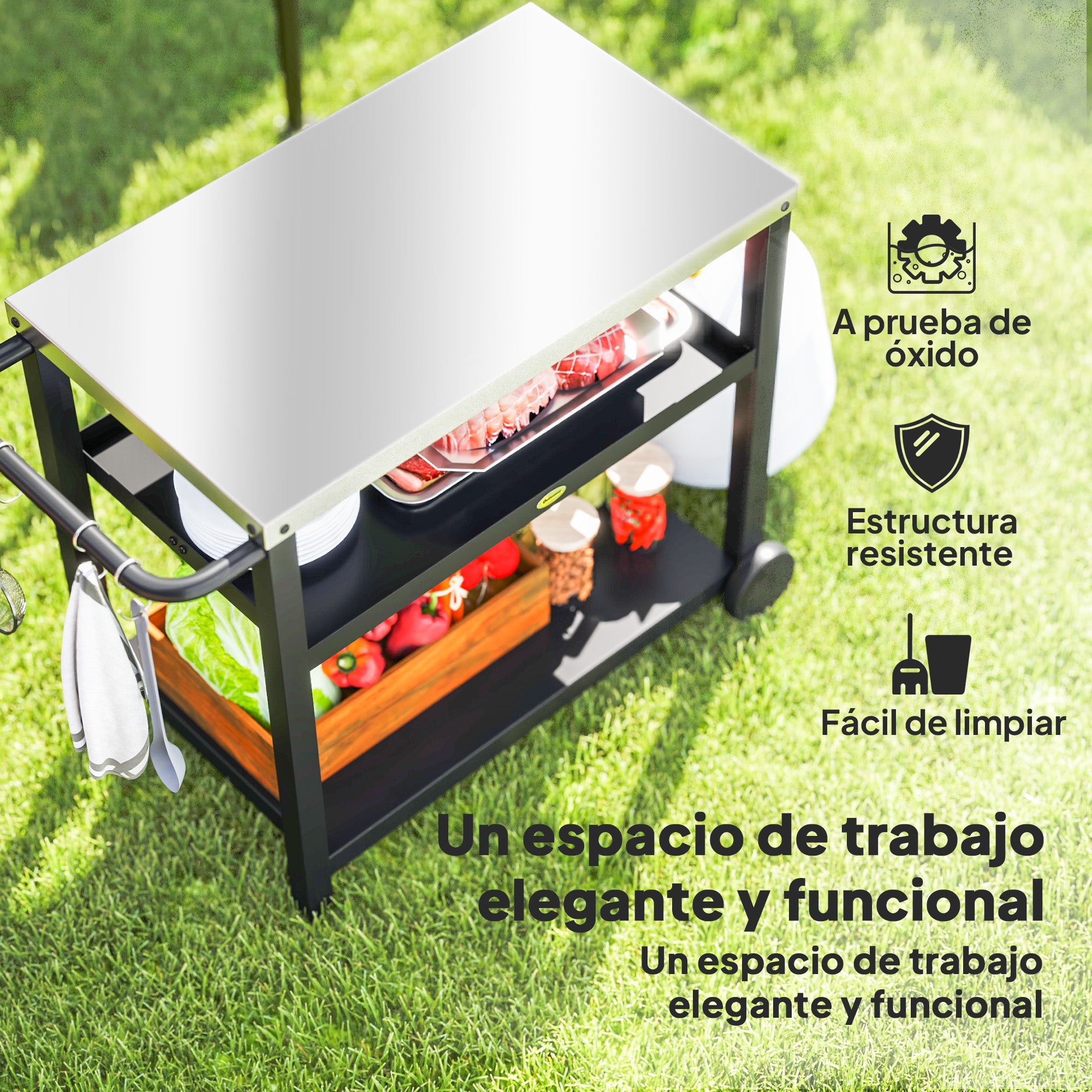 Outsunny Carrito de Parrilla de 3 Niveles Carrito de Barbacoa Carro de Servicio con 2 Ruedas Estantes Encimera de Acero Inoxidable y Asa Mesa de Horno de Pizza para Jardín Patio Gris Carbón