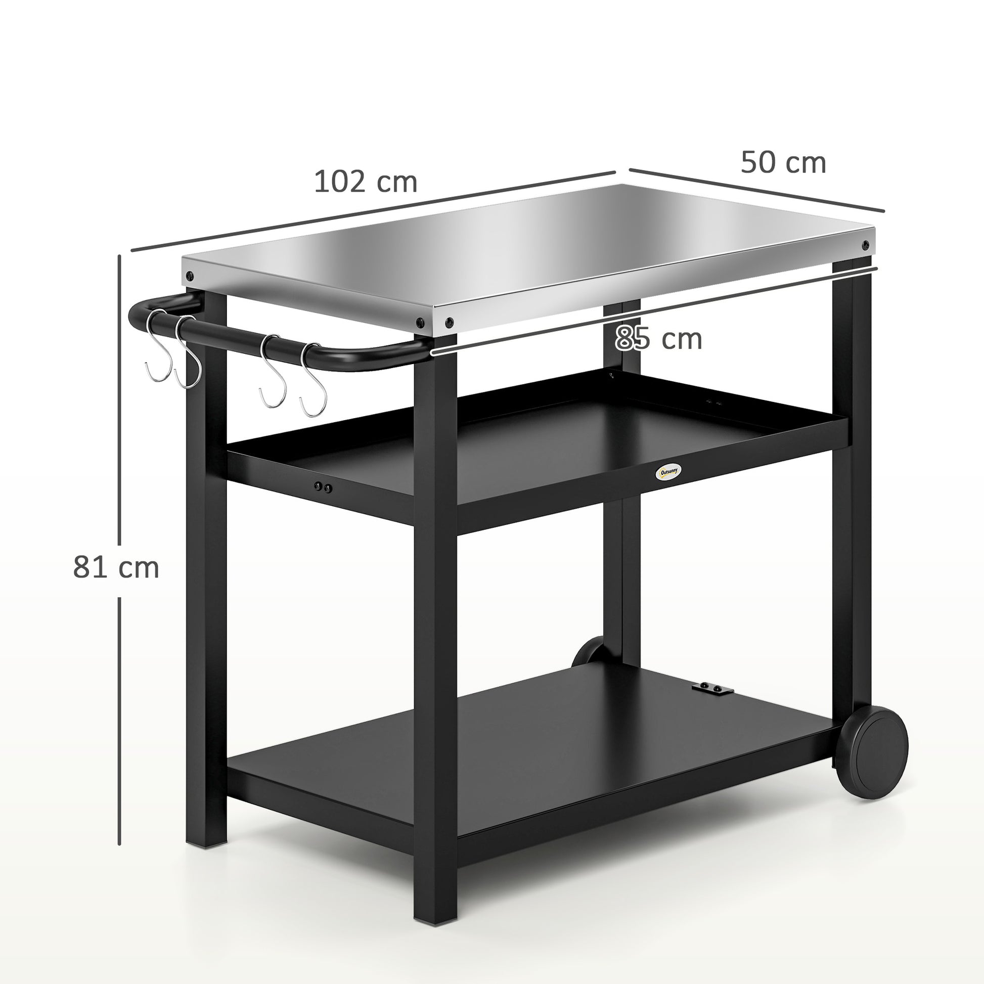Outsunny Carrito de Parrilla de 3 Niveles Carrito de Barbacoa Carro de Servicio con 2 Ruedas Estantes Encimera de Acero Inoxidable y Asa Mesa de Horno de Pizza para Jardín Patio Gris Carbón