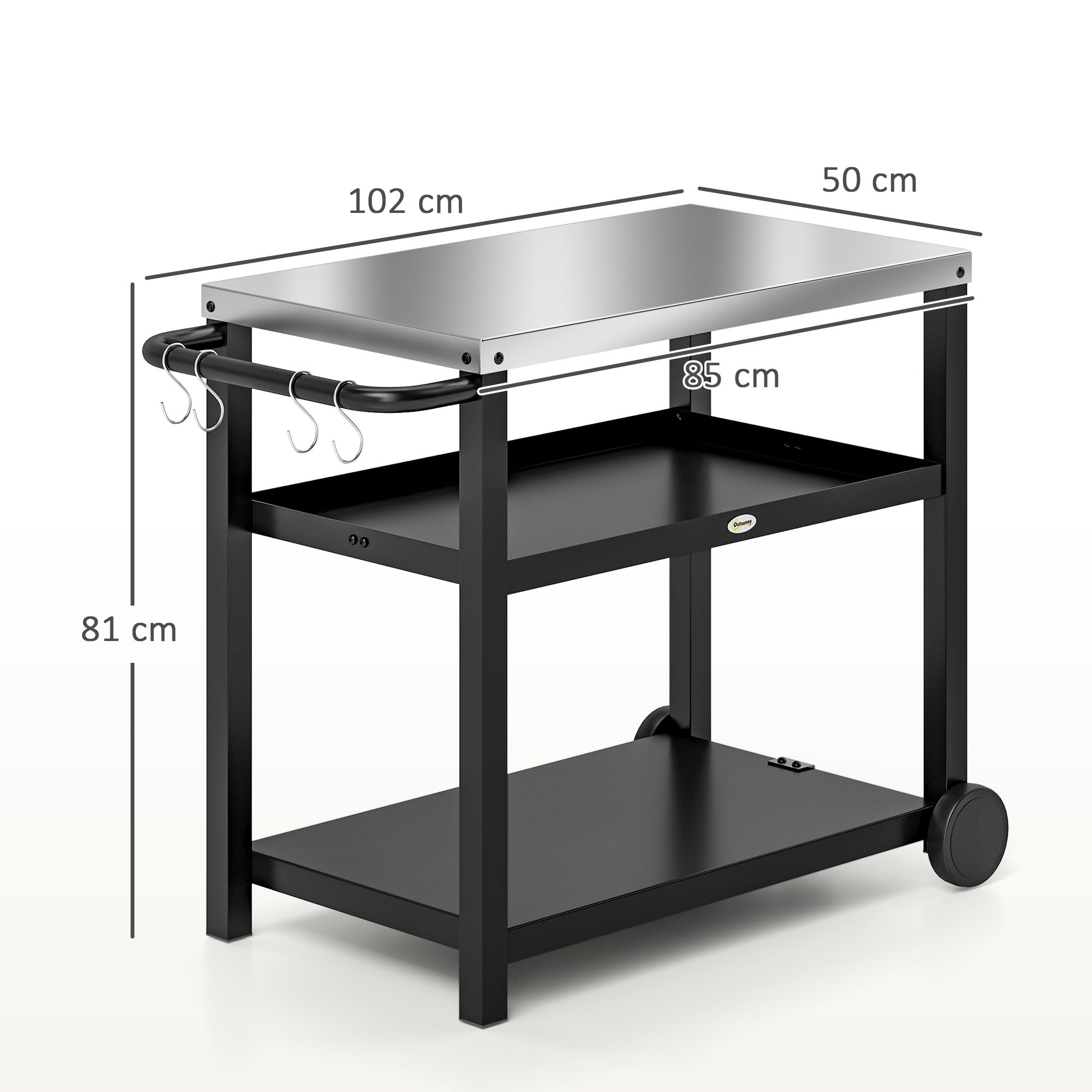 Outsunny Carrito de Parrilla de 3 Niveles Carrito de Barbacoa Carro de Servicio con 2 Ruedas Estantes Encimera de Acero Inoxidable y Asa Mesa de Horno de Pizza para Jardín Patio Gris Carbón