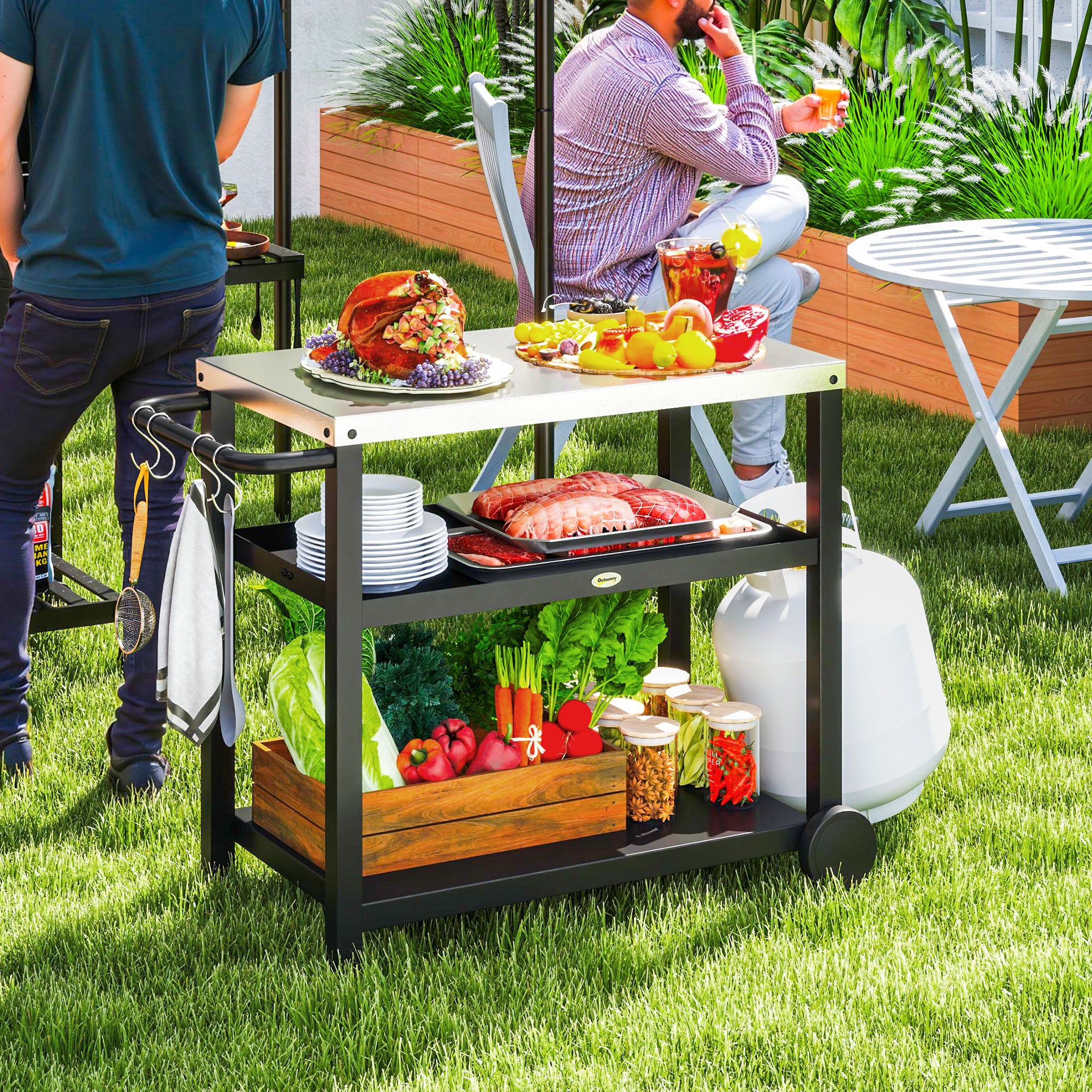 Outsunny Carrito de Parrilla de 3 Niveles Carrito de Barbacoa Carro de Servicio con 2 Ruedas Estantes Encimera de Acero Inoxidable y Asa Mesa de Horno de Pizza para Jardín Patio Gris Carbón