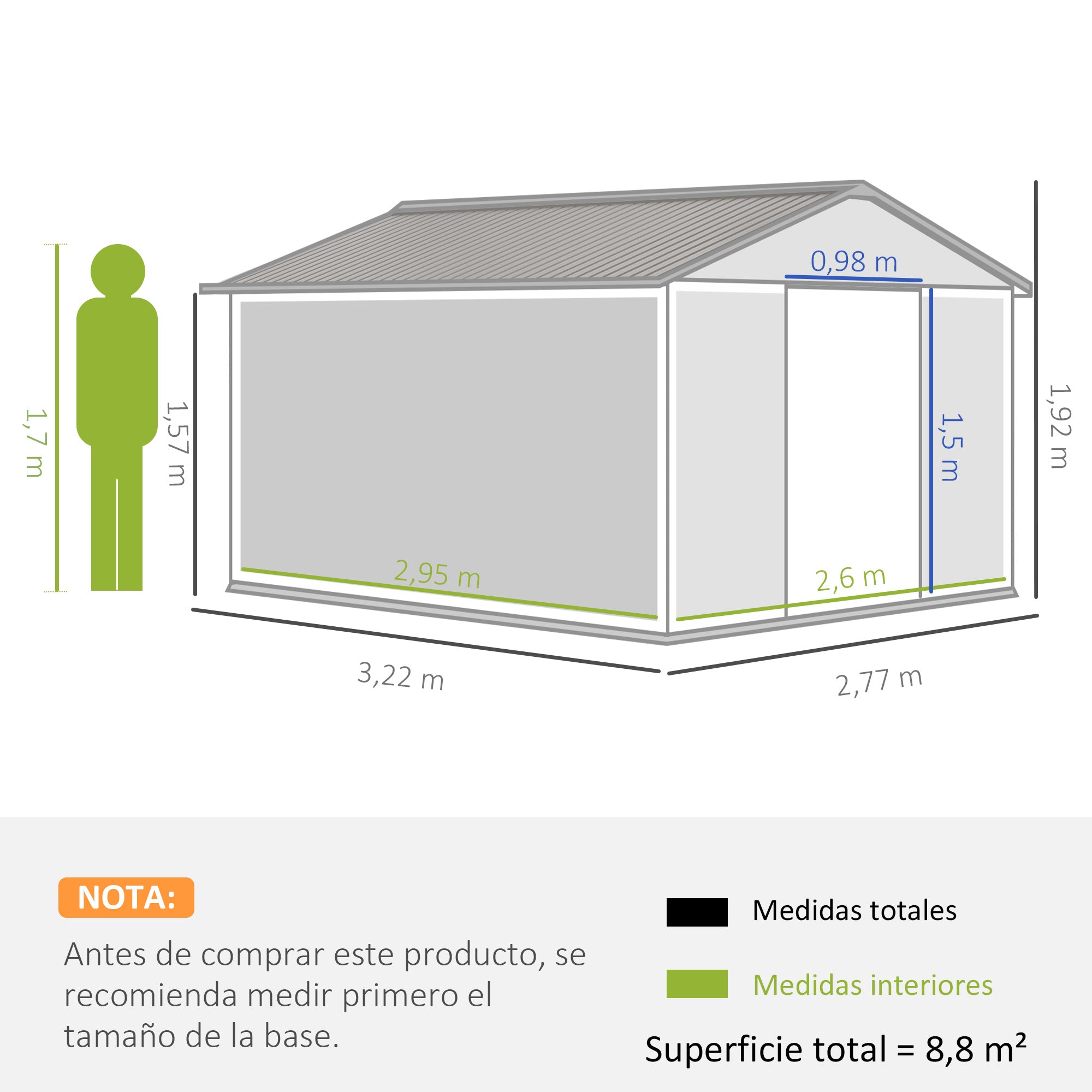Outsunny Caseta de Jardín Exterior 8,3 m² 277x322x192 cm Cobertizo de Jardín Exterior con Puerta Corredera Techo Inclinado Base Refuerzo (Suelo NO Incluido) y 4 Ventanas Gris