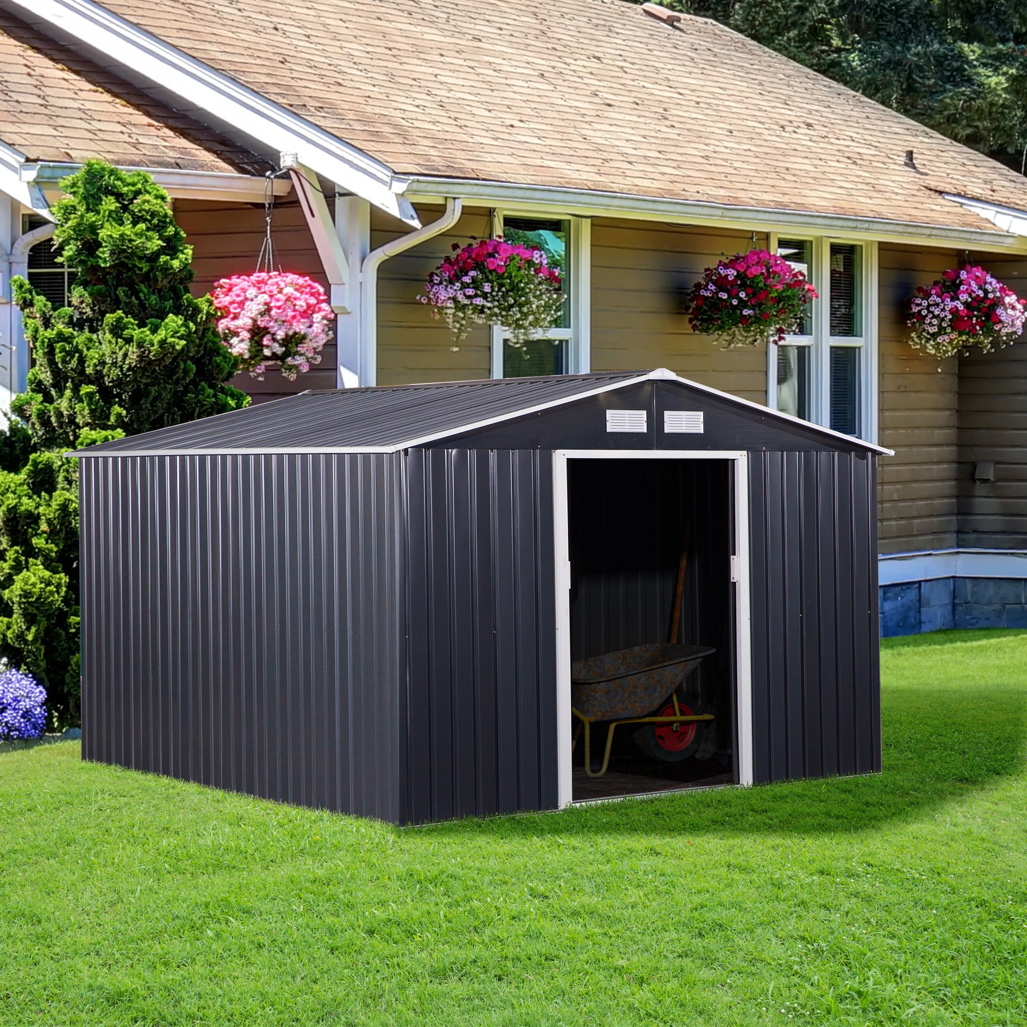 Outsunny Caseta de Jardín Exterior 8,3 m² 277x322x192 cm Cobertizo de Jardín Exterior con Puerta Corredera Techo Inclinado Base Refuerzo (Suelo NO Incluido) y 4 Ventanas Gris